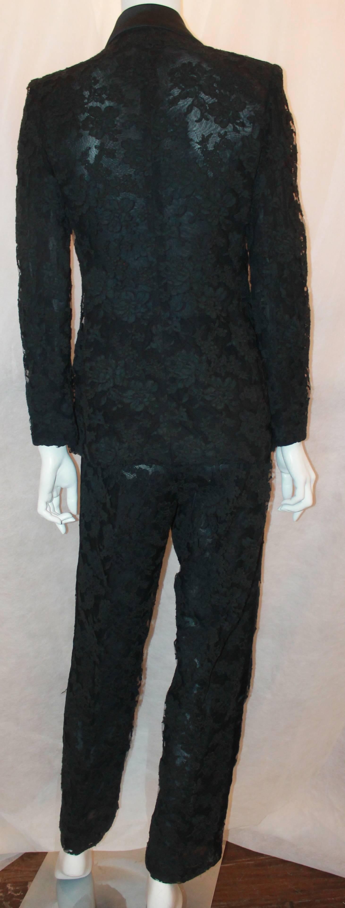 Women's Bill Blass Vintage Black Tuxedo Style Soutache Lace Pant Suit - 8 - Circa 1990's