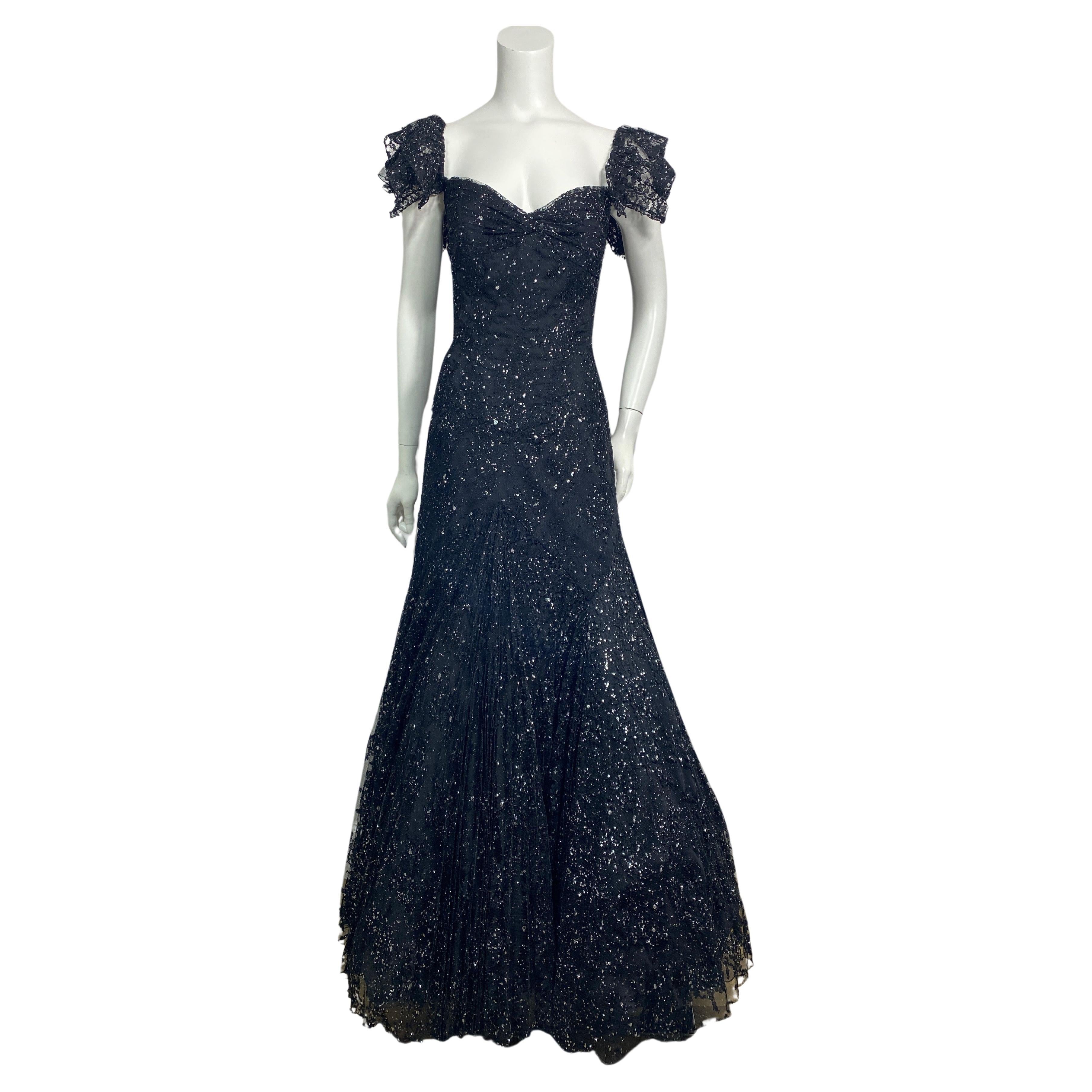Vicky Tiel Black and Silver Tulle Lace Off the Shoulder Gown - 42