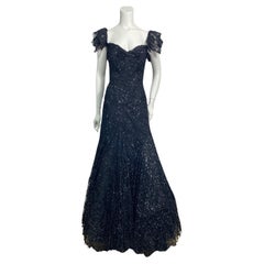 Vicky Tiel Black and Silver Tulle Lace Off the Shoulder Gown - 42