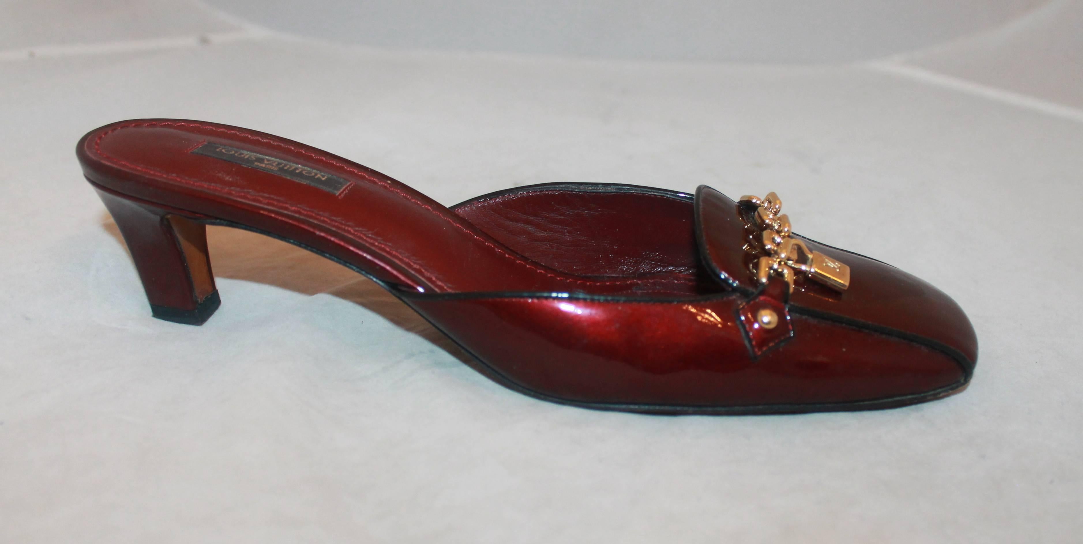 Louis Vuitton Deep Red Shimmer Patent Loafer-Style Slides w/ Gold 