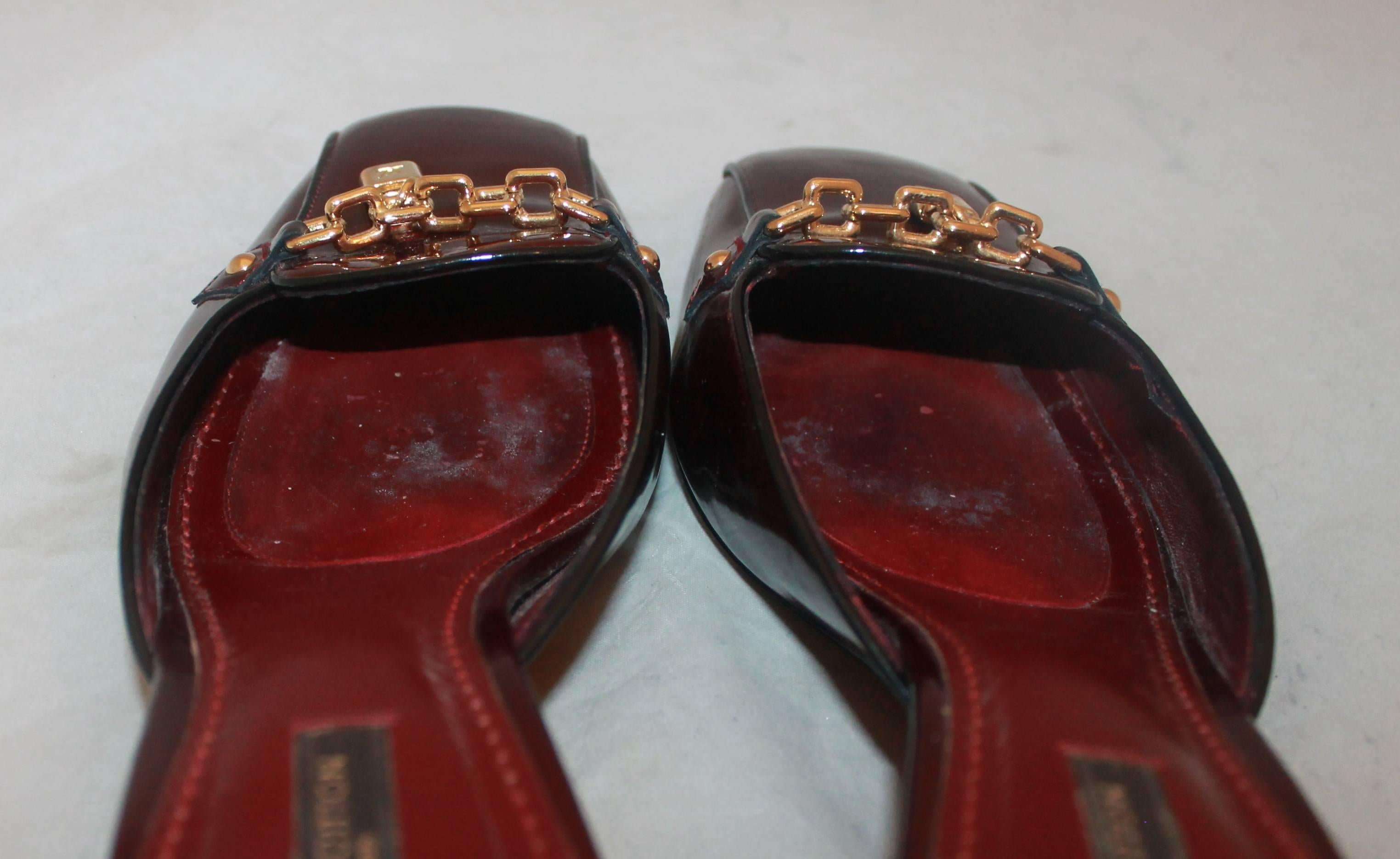 Women's Louis Vuitton Deep Red Shimmer Patent Loafer-Style Slides - 38.5