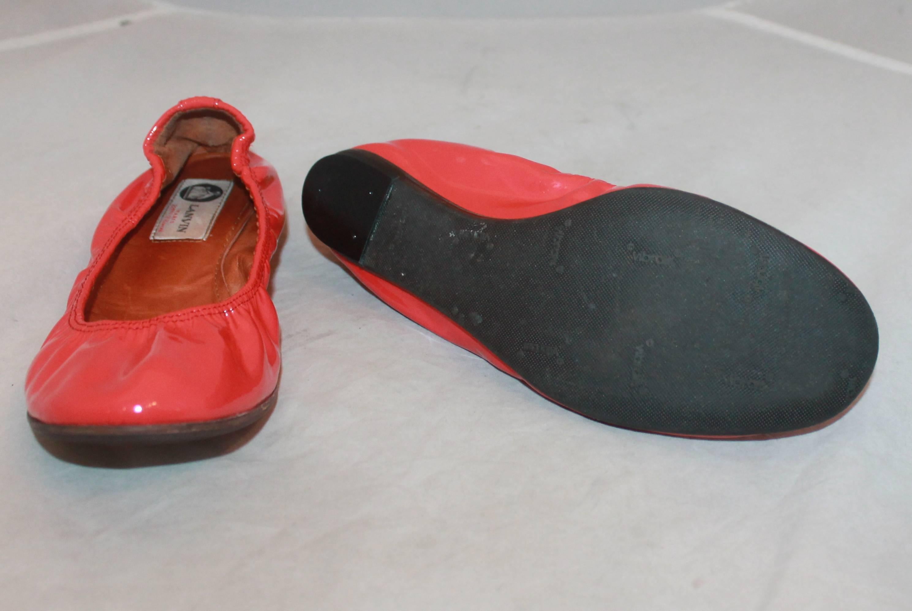 Women's Lanvin Coral Patent Ballet Flats w/ Interior Leather Lining - 8