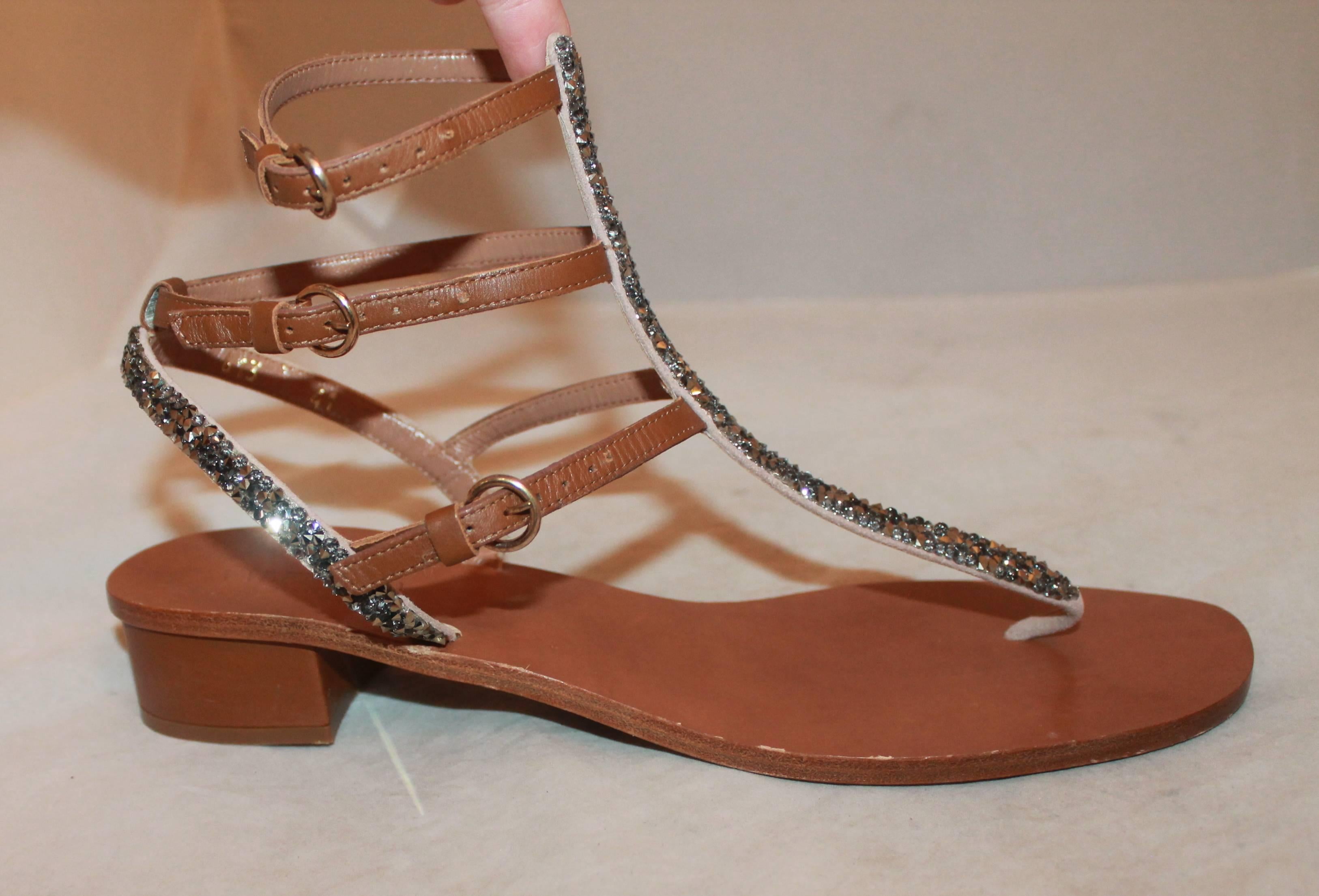 Valentino Brown Leather & Suede Gladiator Sandals w/ Gunmental Rhinestones - 41.  These lovely sandals are in excellent condition with very minimal wear.  They feature a lovely brown leather, suede straps down the middle and on the heel with