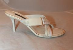Louis Vuitton White Canvas Ribbon Sandal Heels w/ Yellow "Louis Vuitton" - 38