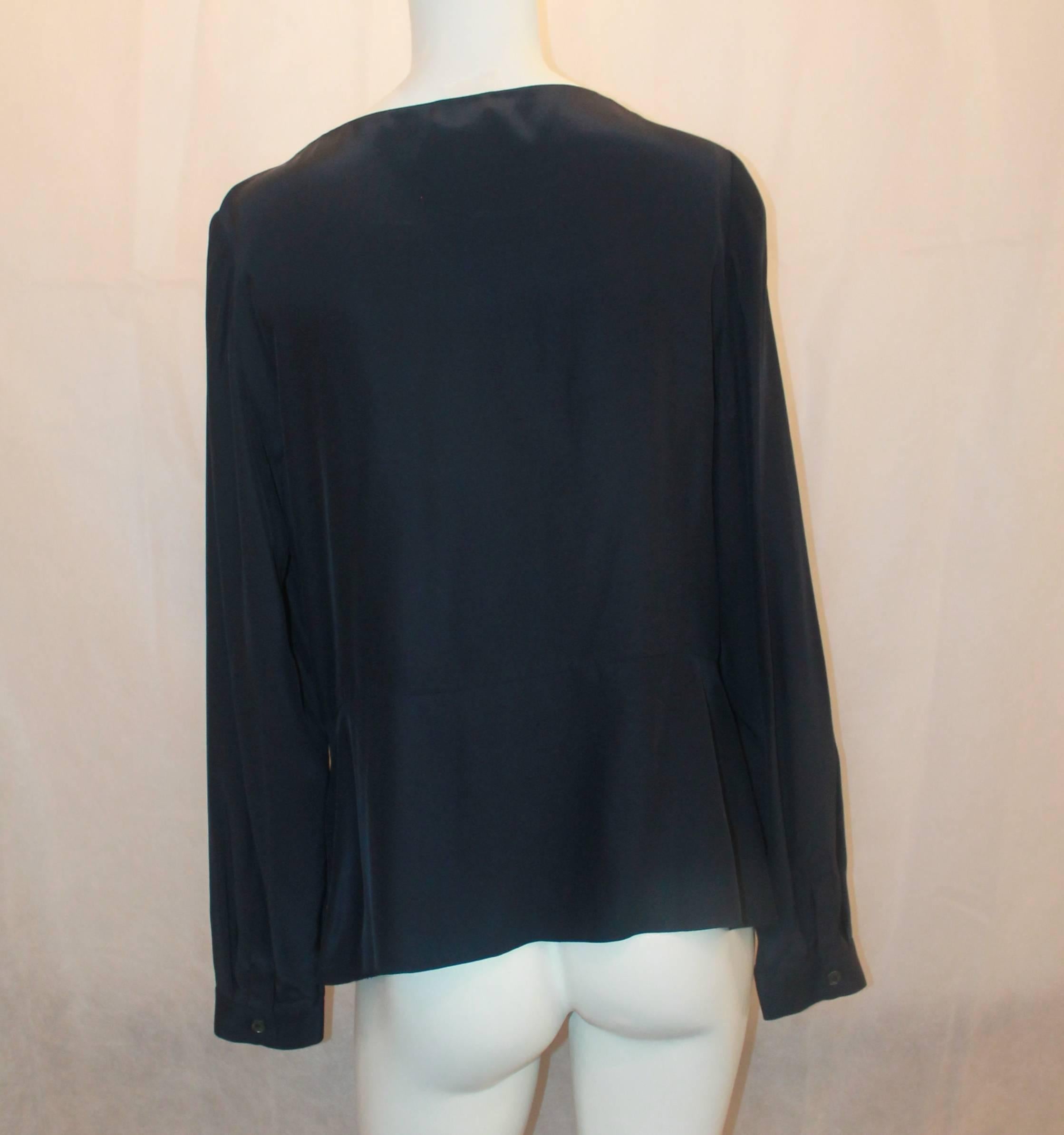 Black Oscar de la Renta Navy Silk Long Sleeve Blouse - 16 For Sale