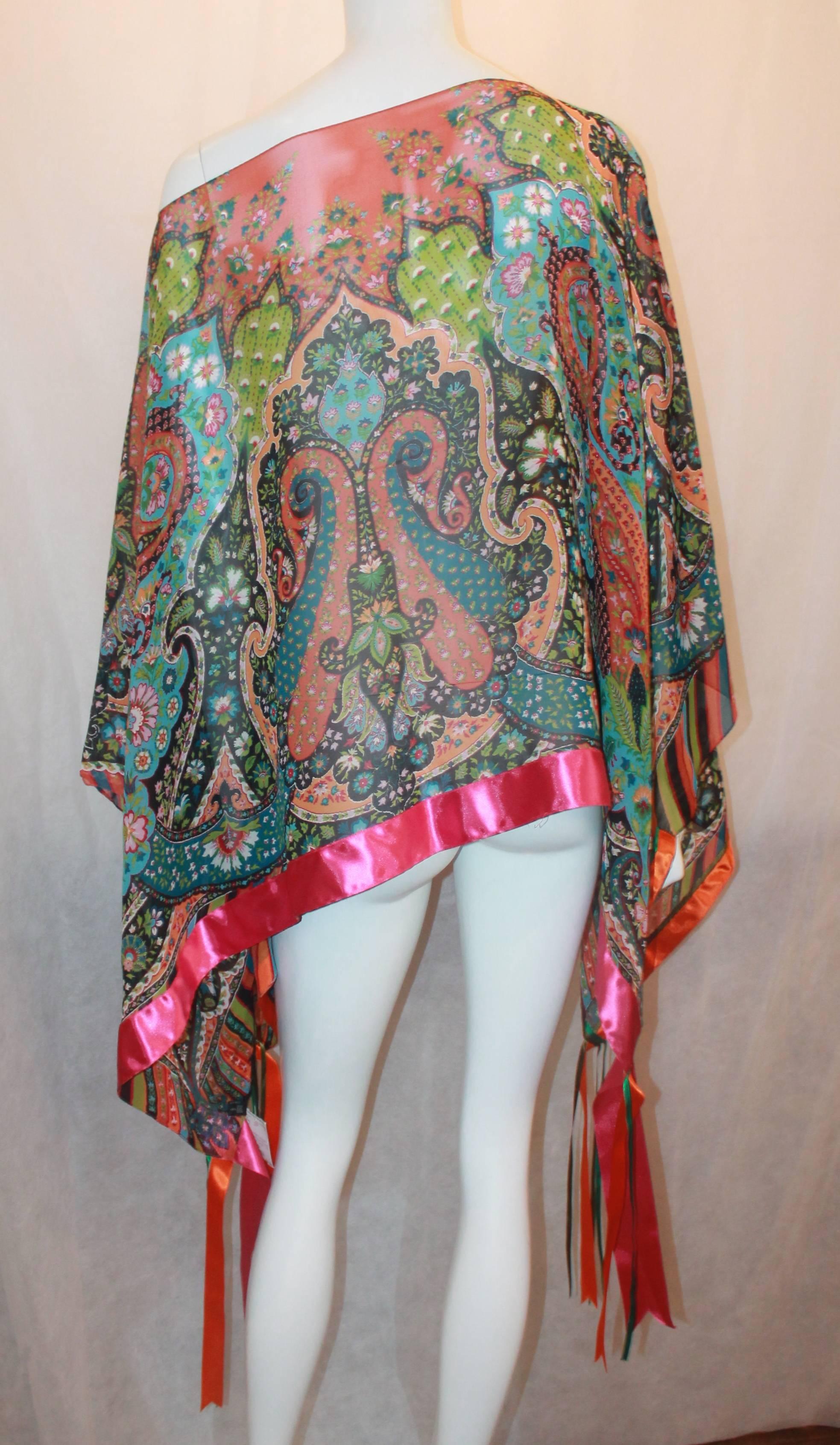 Etro Multi-Colored Paisley Print Silk Chiffon Poncho w/ Ribbon Trim - OS In Excellent Condition In West Palm Beach, FL