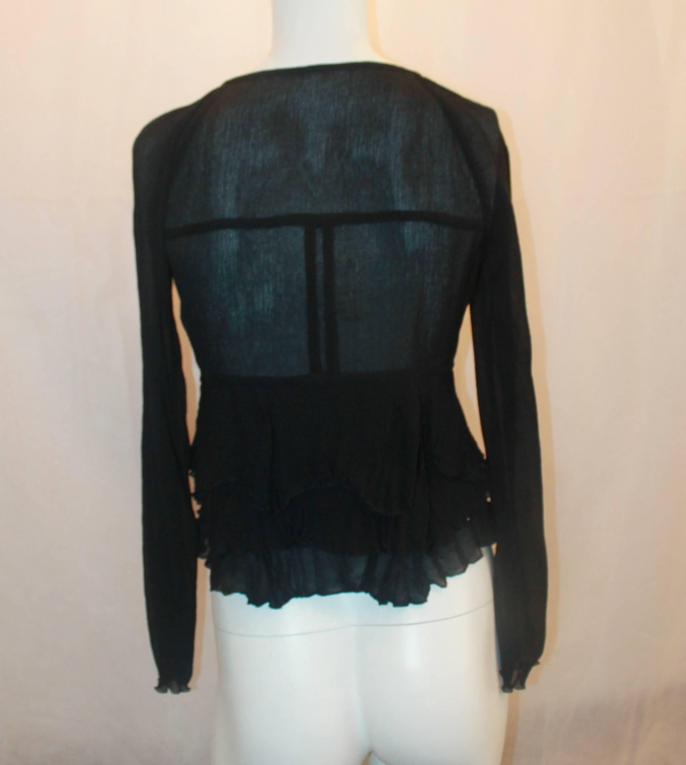 Women's Gucci Black Silk Long Sleeve Blouse w/ Plunging Neckline - S