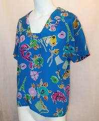 Lanvin Blue & Floral Print Silk Chiffon Short Sleeved Collared Blouse - S - 80's
