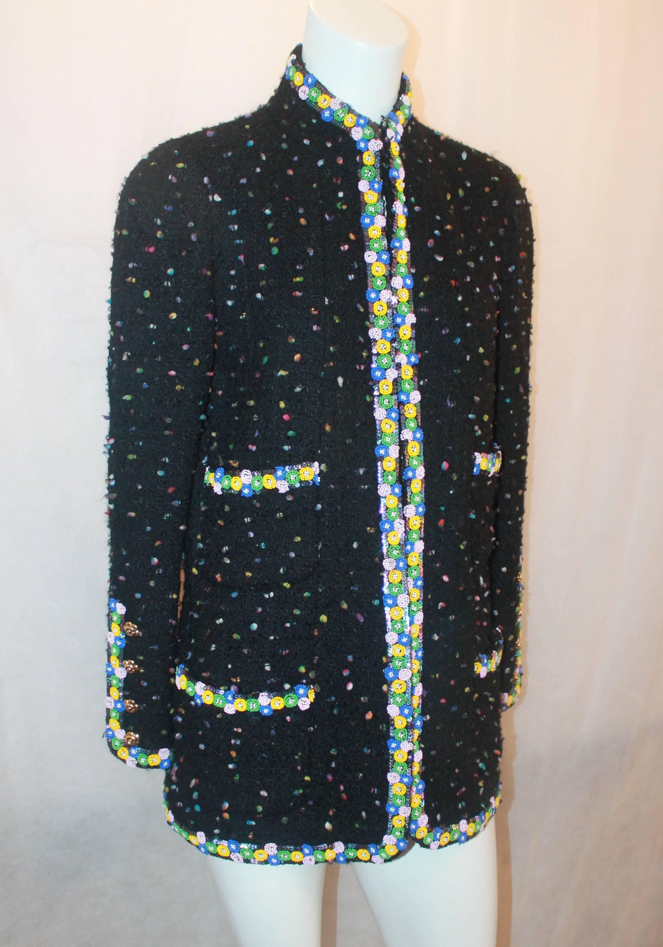 Chanel Vintage Black & Multicolor Long Jacket with Bead Trim - M - 1980's. This jacket is in good vintage condition. There is general wear to it and there is an area on the neck beading were it has start to come loose (image 5). The floral beaded