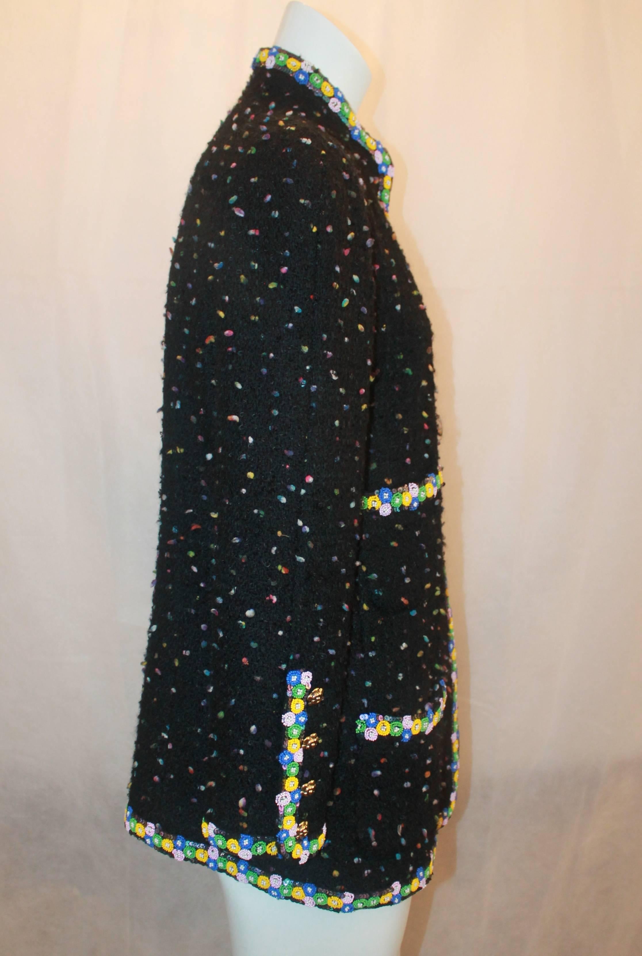 Chanel Vintage Black & Multicolor Long Jacket with Bead Trim - M - 1980's In Good Condition In West Palm Beach, FL