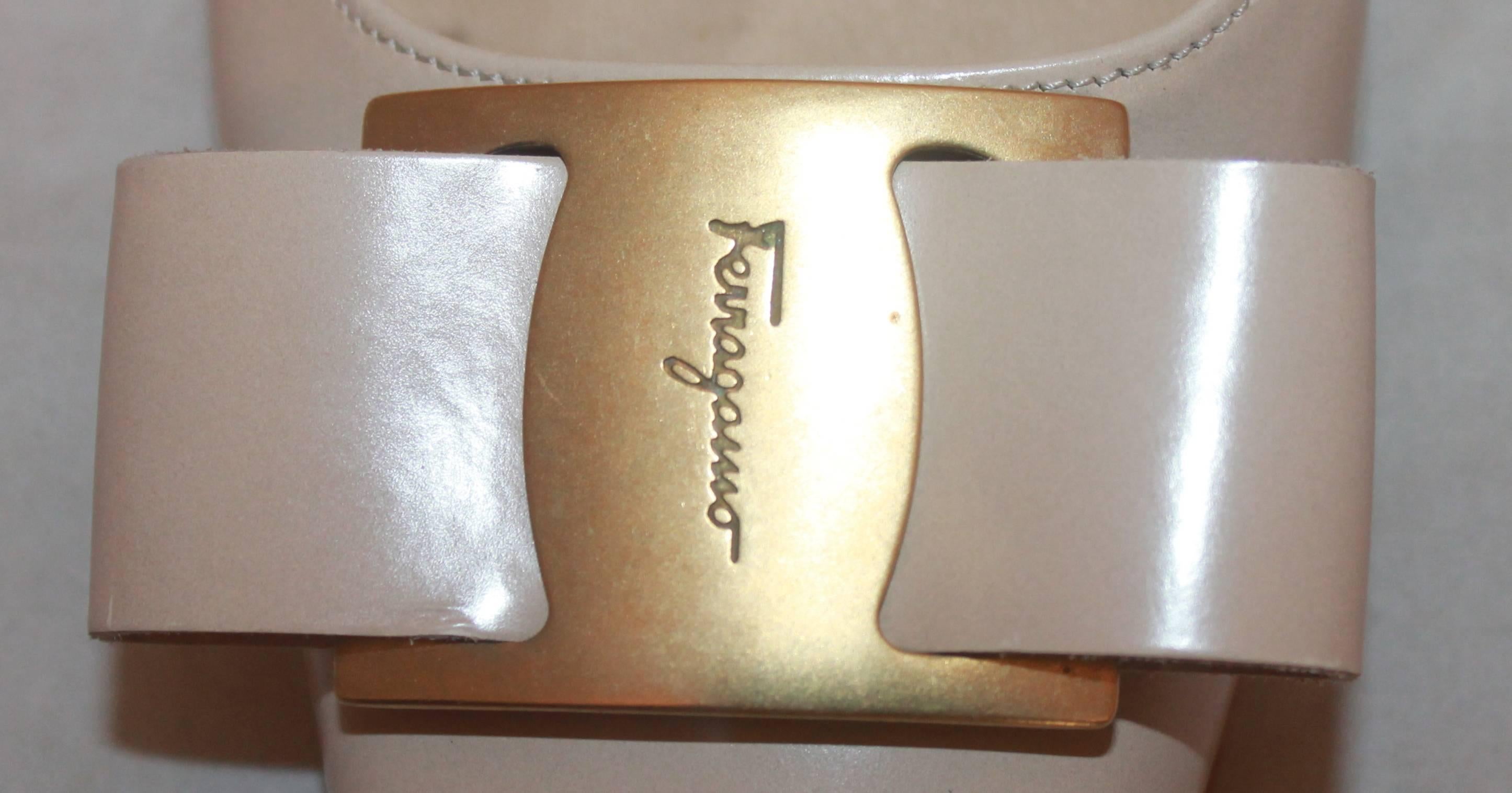 Salvatore Ferragamo Tan Leather Classic Kitten Heel Pump w/ Front Gold - 7AA 1