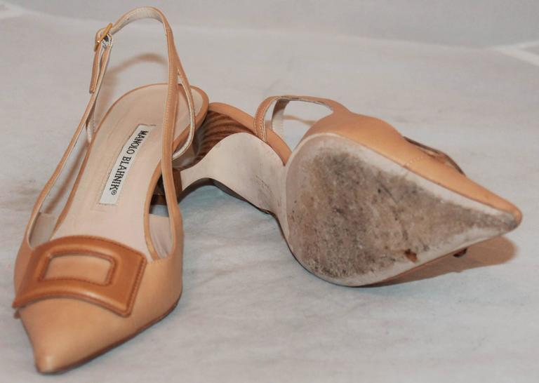 Manolo Blahnik Luggage Leather Kitten Heel Pointed Toe Slingbacks - 7B