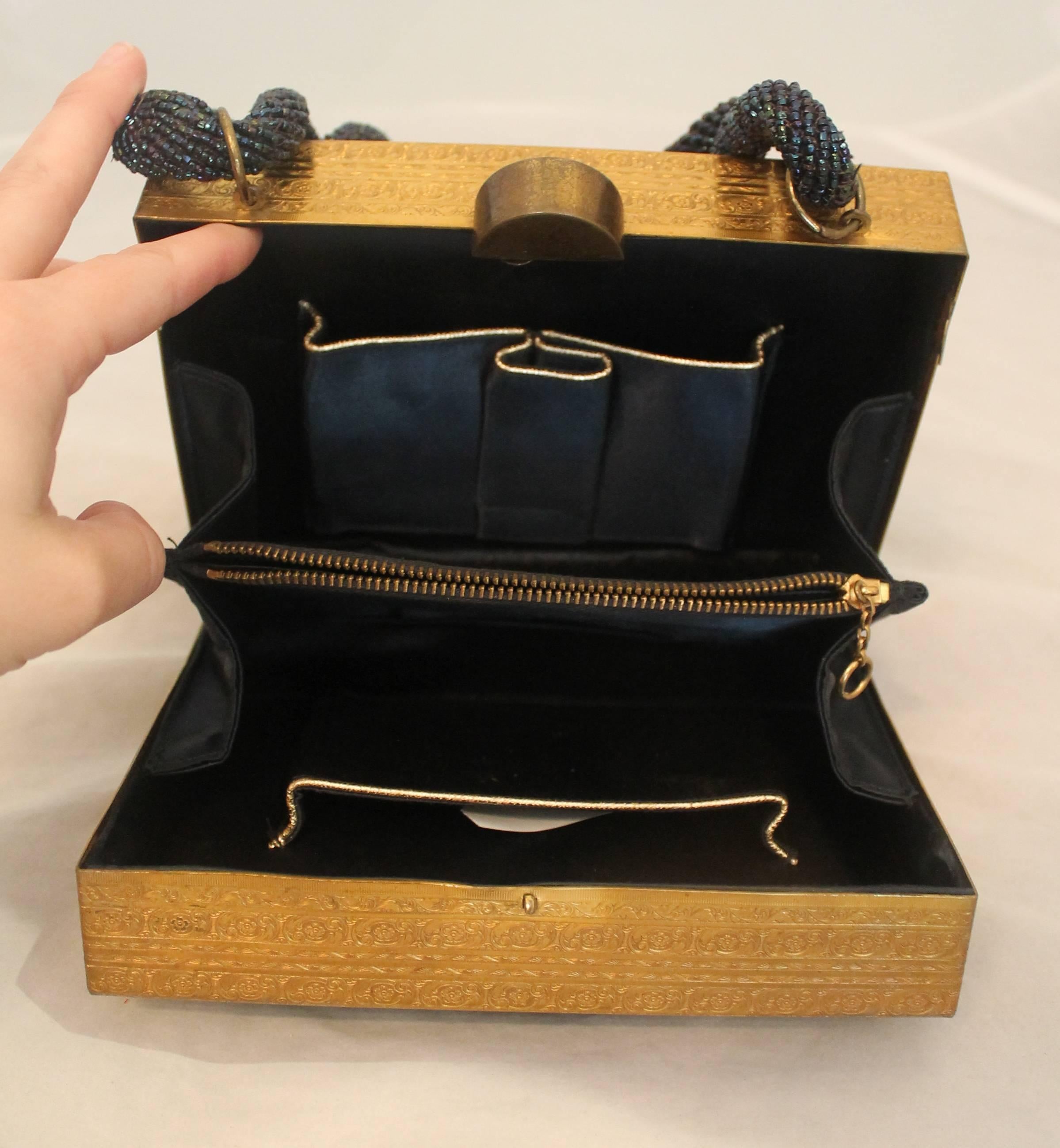 Black Evans Navy & Gold Vintage Beaded & Metal Rectangular Handbag - Circa 1950's