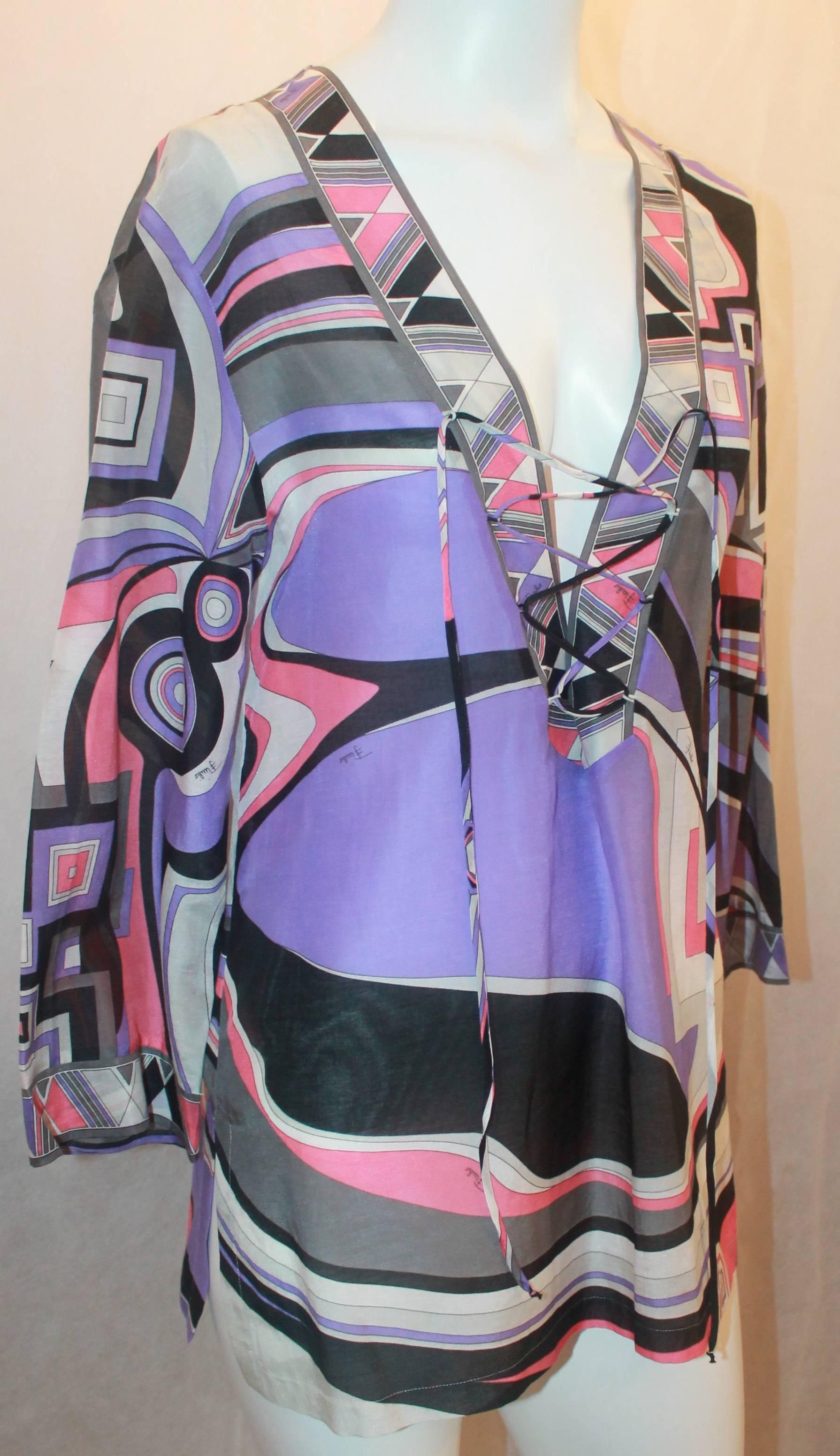 Emilio Pucci Purple & Pink Printed Tunic Top w/ Front Tie - 8. This top is in excellent condition and is perfect for the summer. The print is geometric and the tunic features a front tie. 

Measurements:
Bust- 36