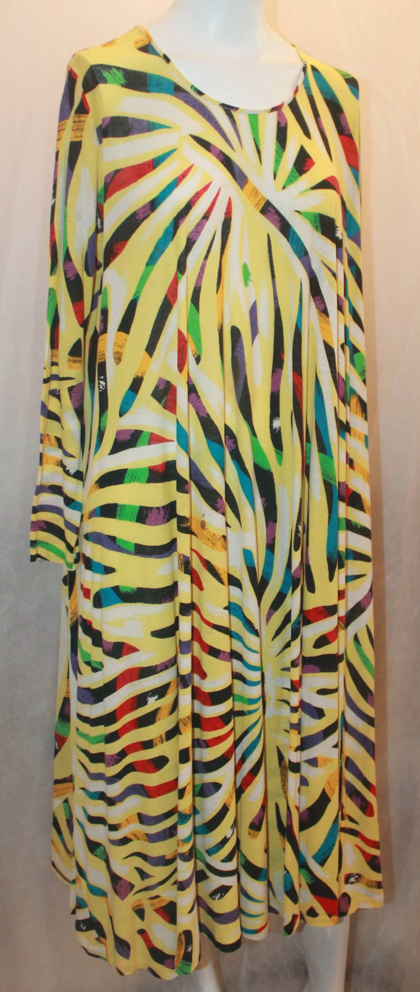 Missoni Vintage Yellow & Multi-color Printed Long Sleeve Dress - 1970's - OS. This dress is in excellent vintage condition with general wear consistent with age. The material is a thin cotton, breathable and perfect for the warm weather. The dress