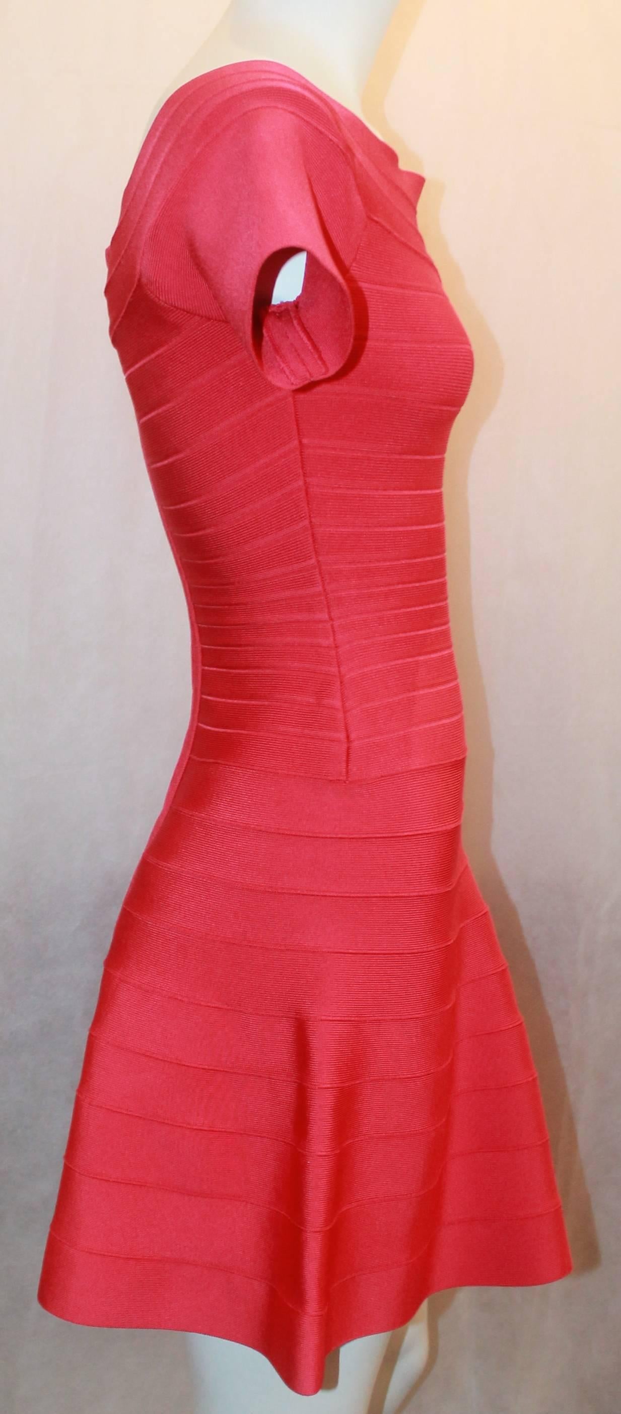 Red Herve Leger Raspberry Stretch Short Sleeve Dress - XS