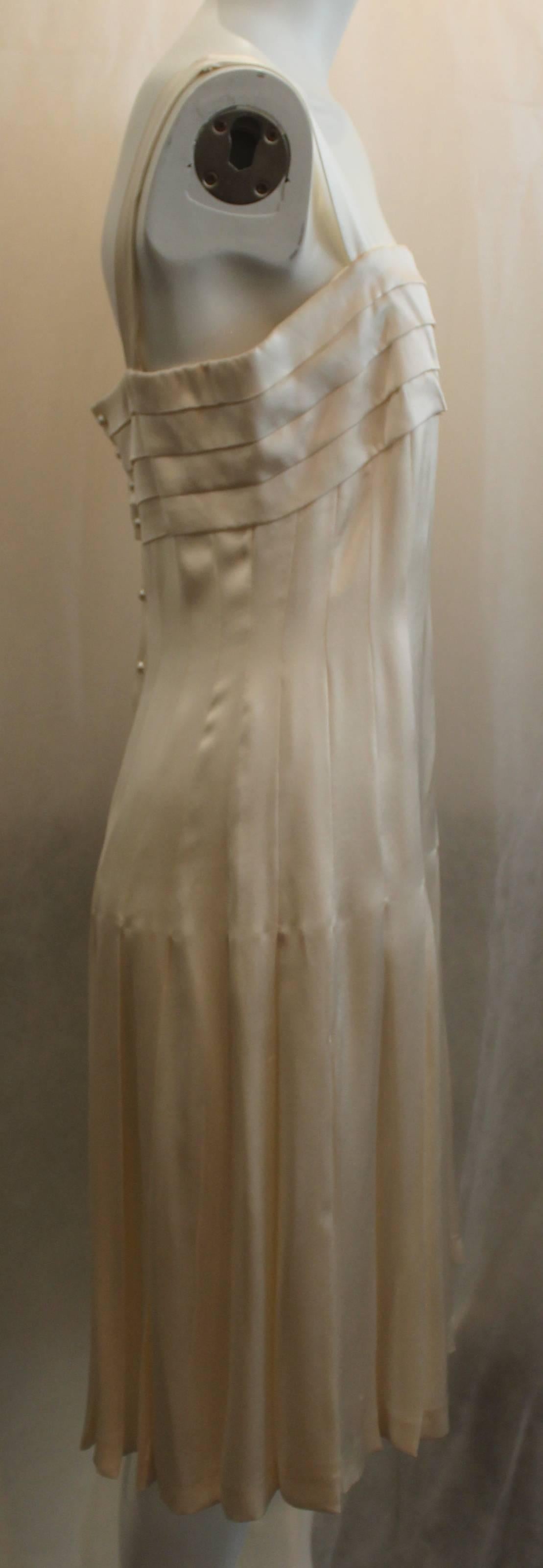 Brown Chanel Ivory Silk Pleated Flapper Inspired Dress - 40 - 05P