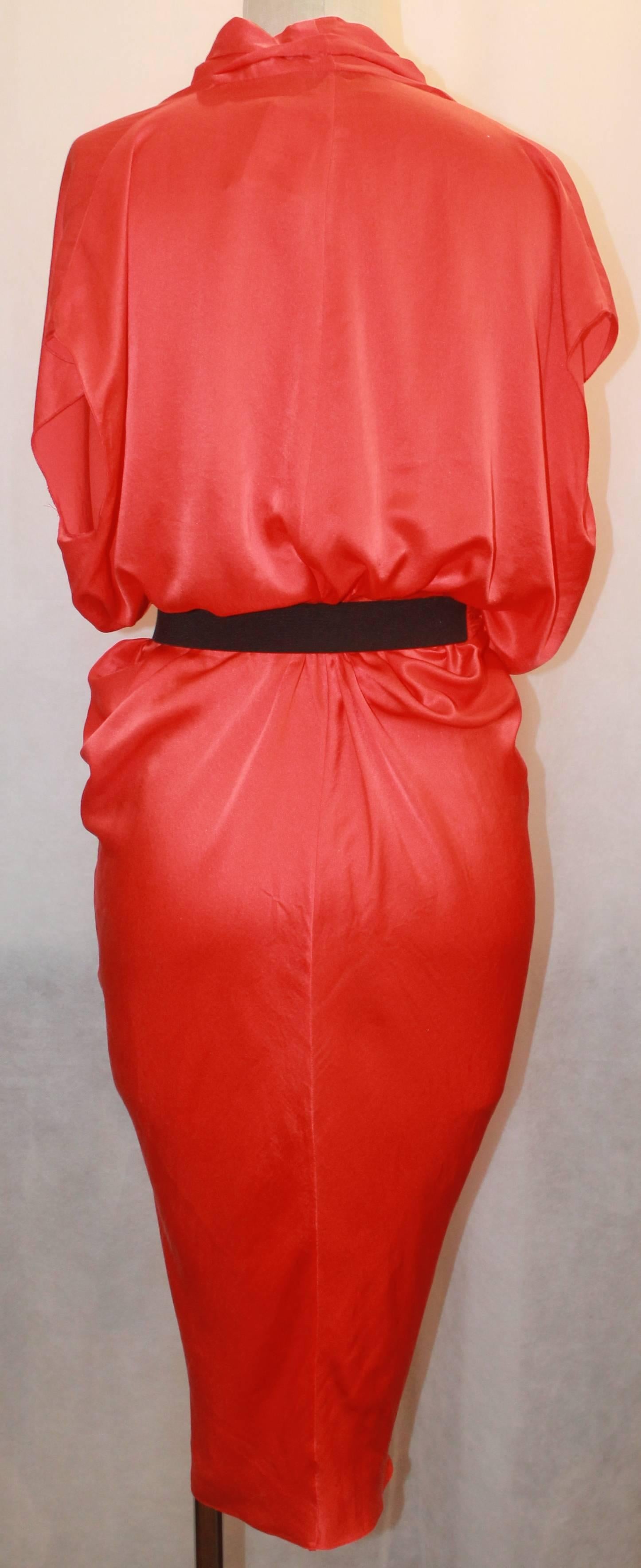 Red Lanvin Burnt Orange Ruched Silk Dress with Belt - 38