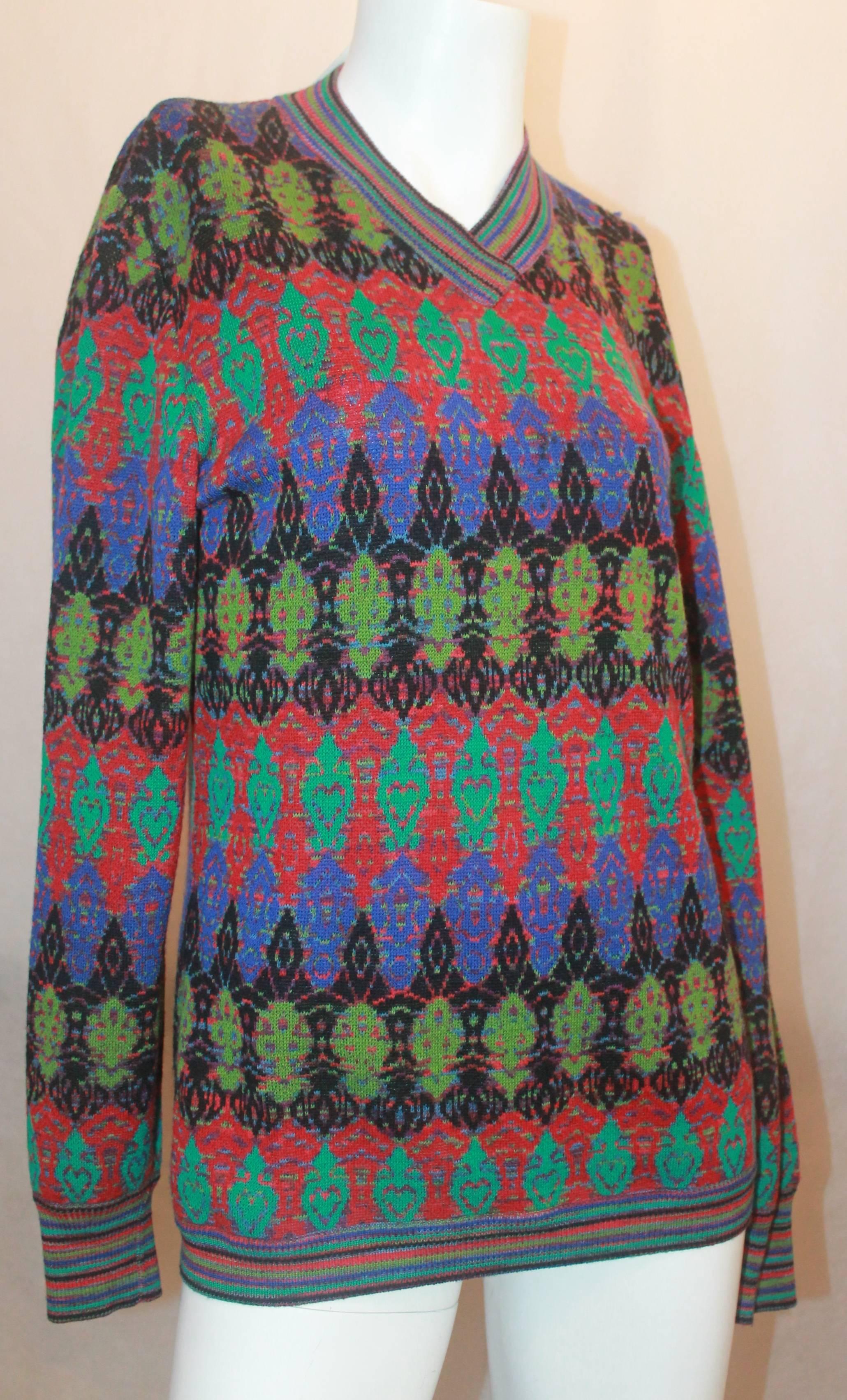Missoni Vintage Multi Colored Sweater w/ an Artsy Geometric Pattern - M.  This lovely vintage Missoni sweater is in very good vintage condition with only two visible pulls.  It features a black, teal, green, purple, and red artsy geometric patterned