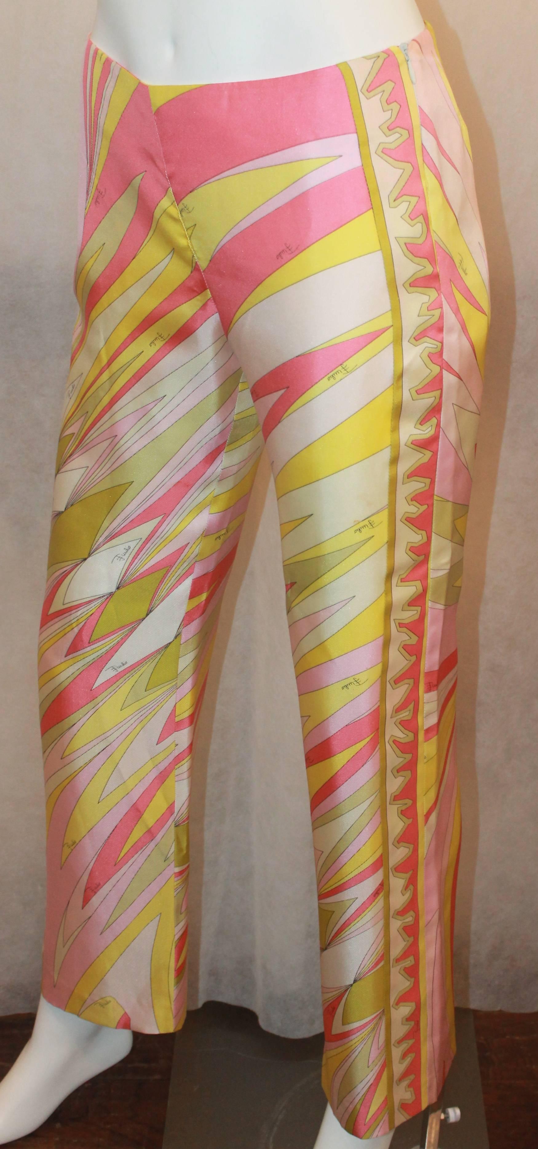 Emilio Pucci Pink, White, & Yellow Print Silk Palazzo Pants - 4.  These pants are in good condition with only a minor stain on the left leg and slight pulling along the front center seam.  They feature a lovely pink, yellow, and white print silk