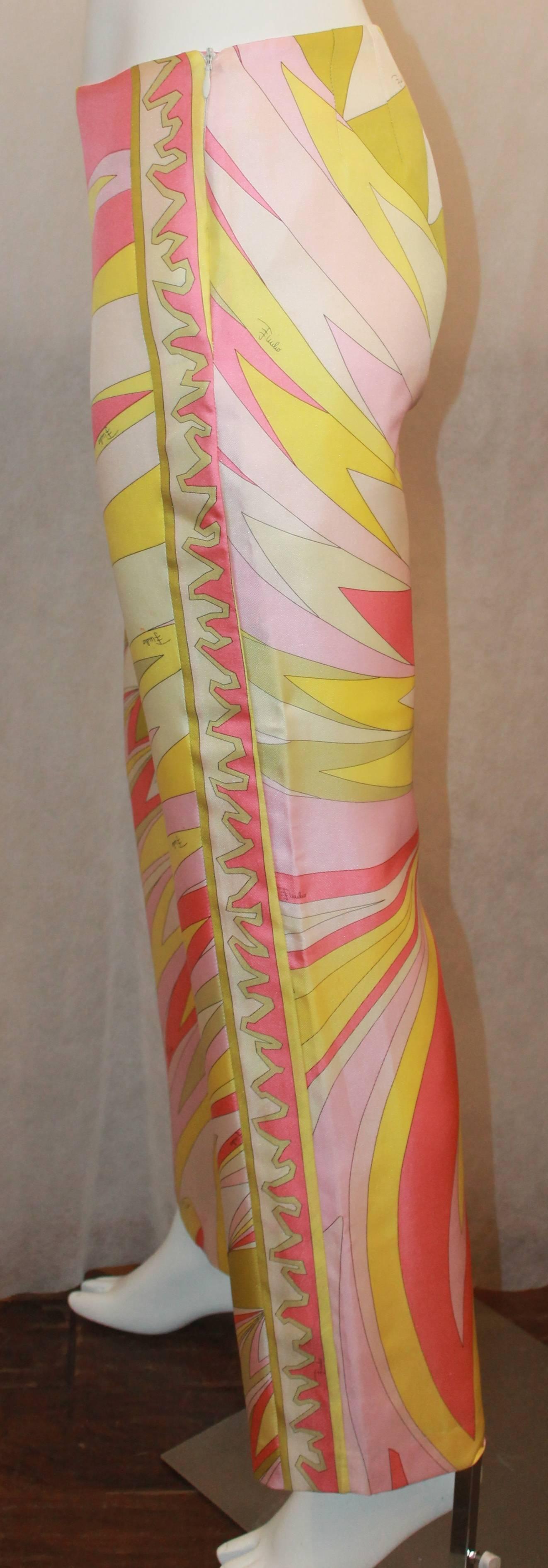 Brown Emilio Pucci Pink, White, & Yellow Print Silk Palazzo Pants - 4