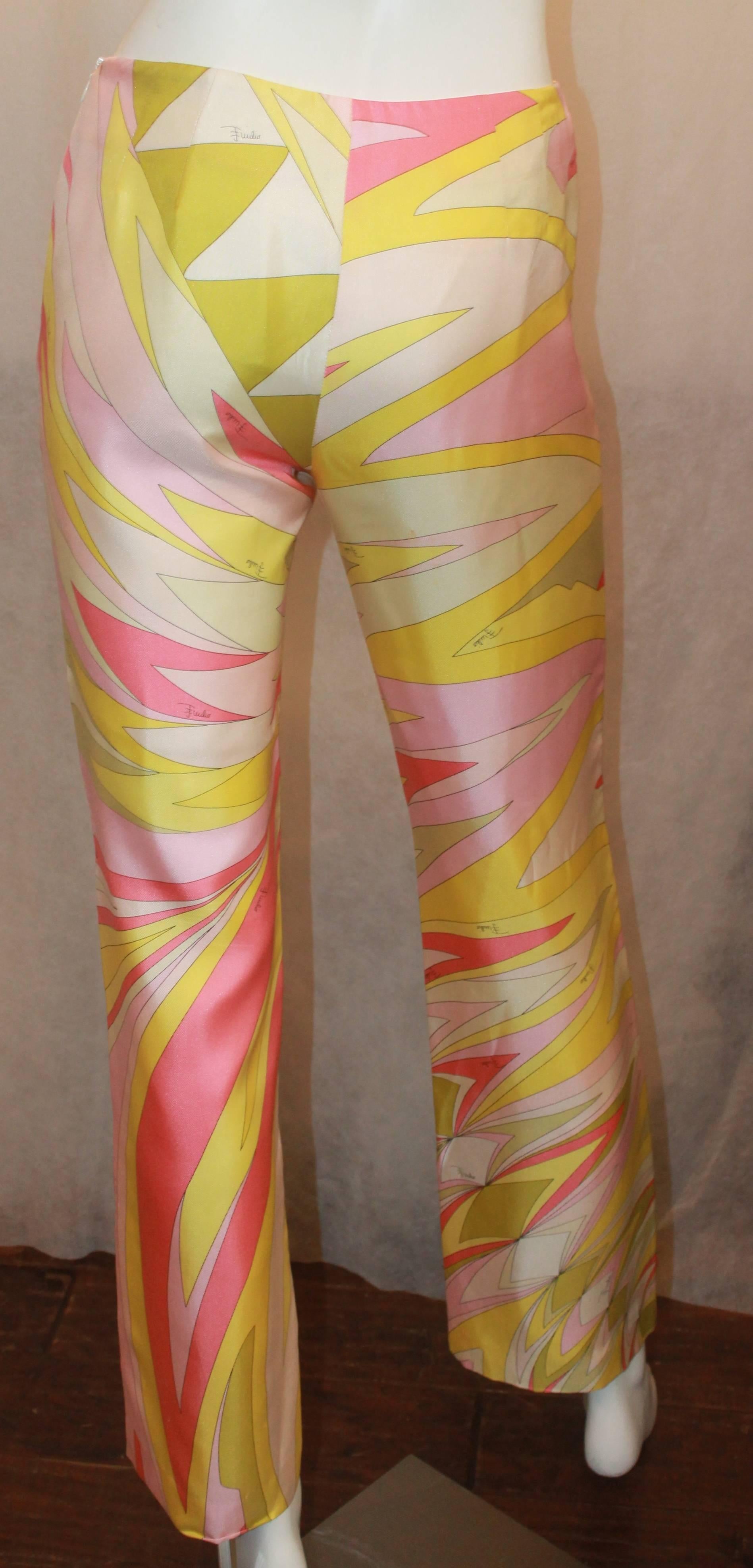 Emilio Pucci Pink, White, & Yellow Print Silk Palazzo Pants - 4 In Good Condition In West Palm Beach, FL