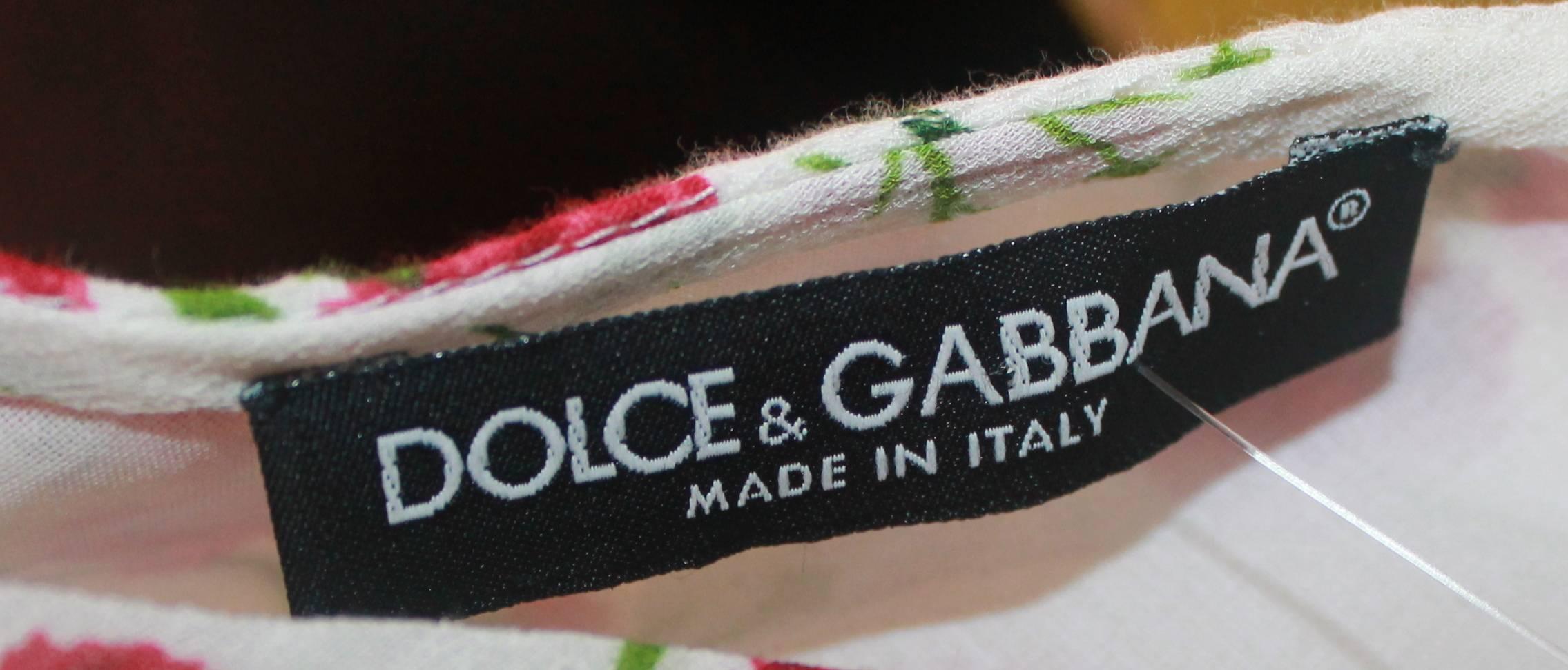 Brown Dolce & Gabbana White Dress with Red Flower Print & Belt - 40