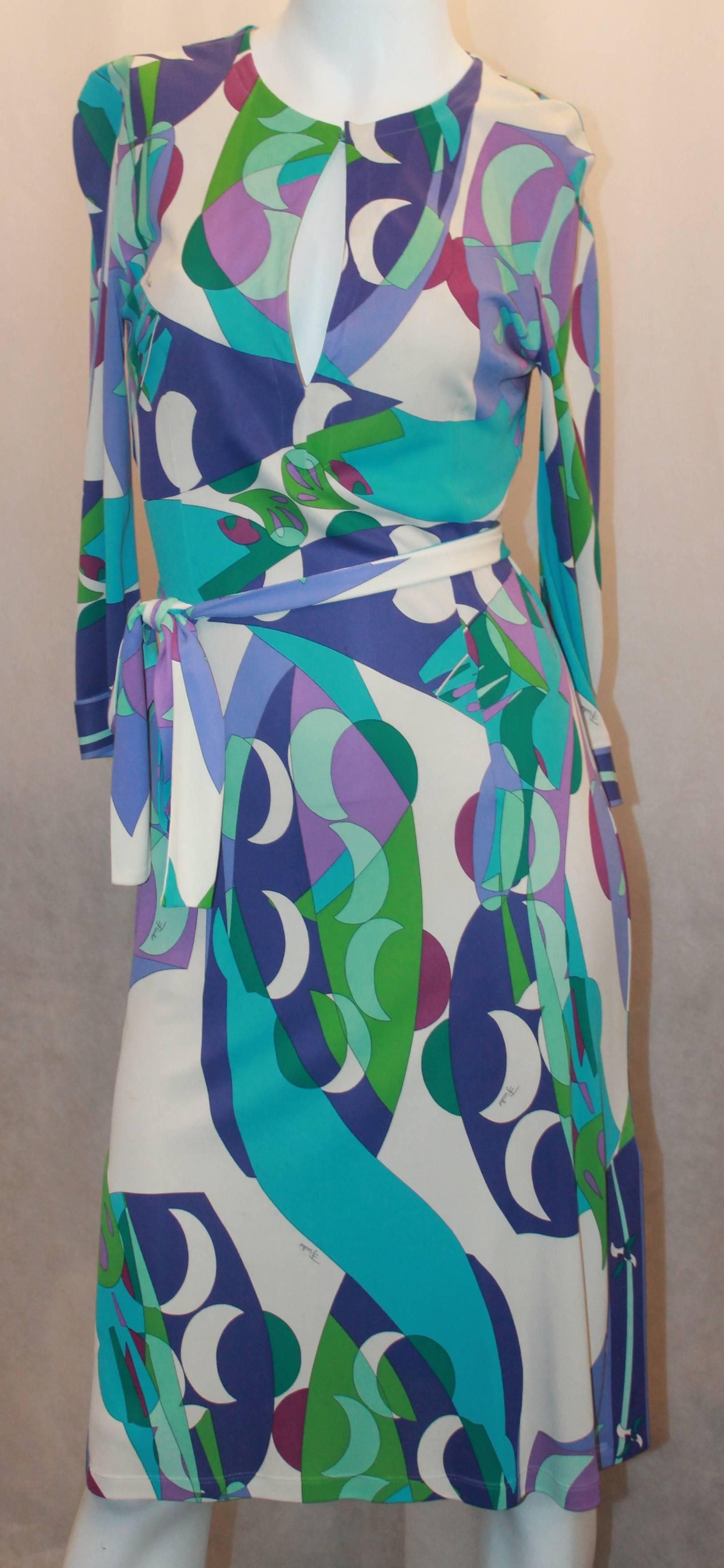 Emilio Pucci Purple, Green, White, & Blue Print Silk Jersey 3/4 Sleeve Dress - 4.  This lovely dress is in excellent condition.  It features a lovely purple, green, blue, and white print silk jersey material, 3/4 length sleeves, a front button
