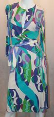 Emilio Pucci Purple, Green, White, & Blue Print Silk Jersey 3/4 Sleeve Dress - 4