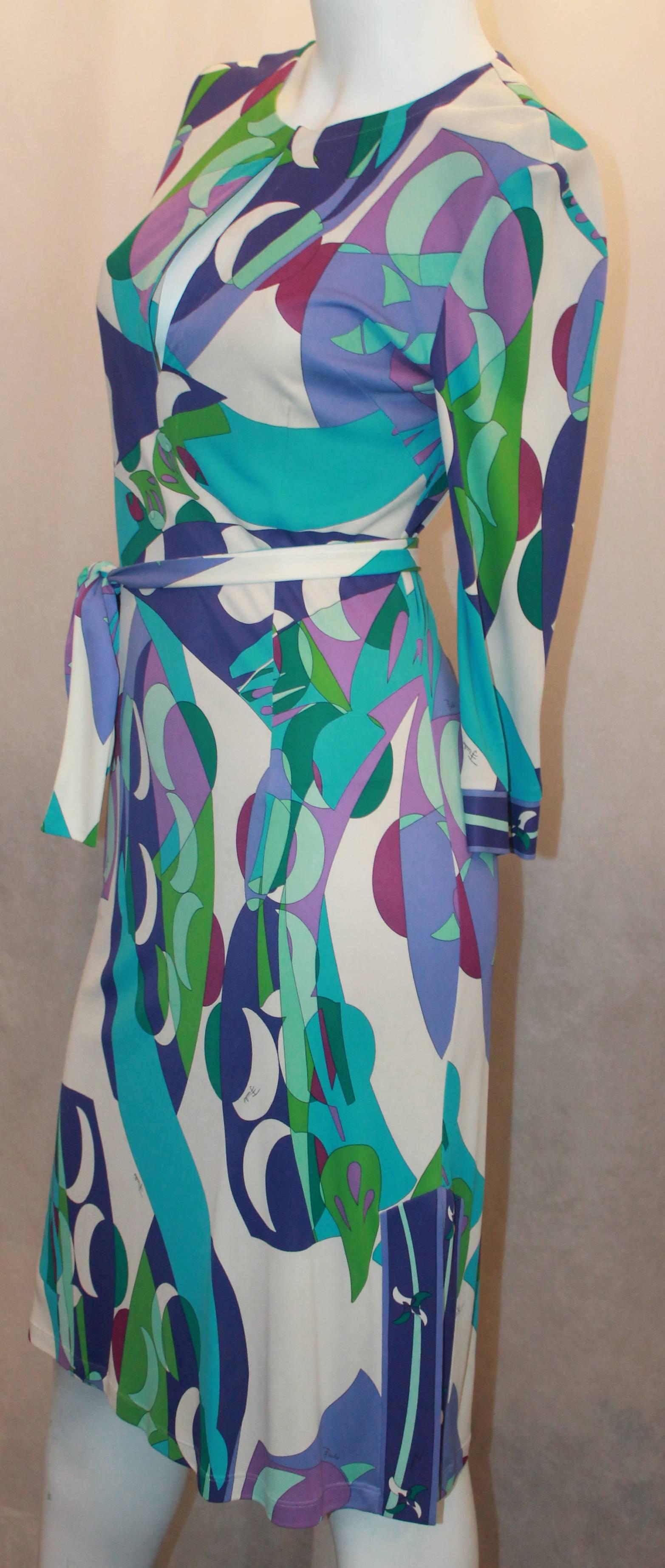 Emilio Pucci Purple, Green, White, & Blue Print Silk Jersey 3/4 Sleeve Dress - 4 In Excellent Condition In West Palm Beach, FL
