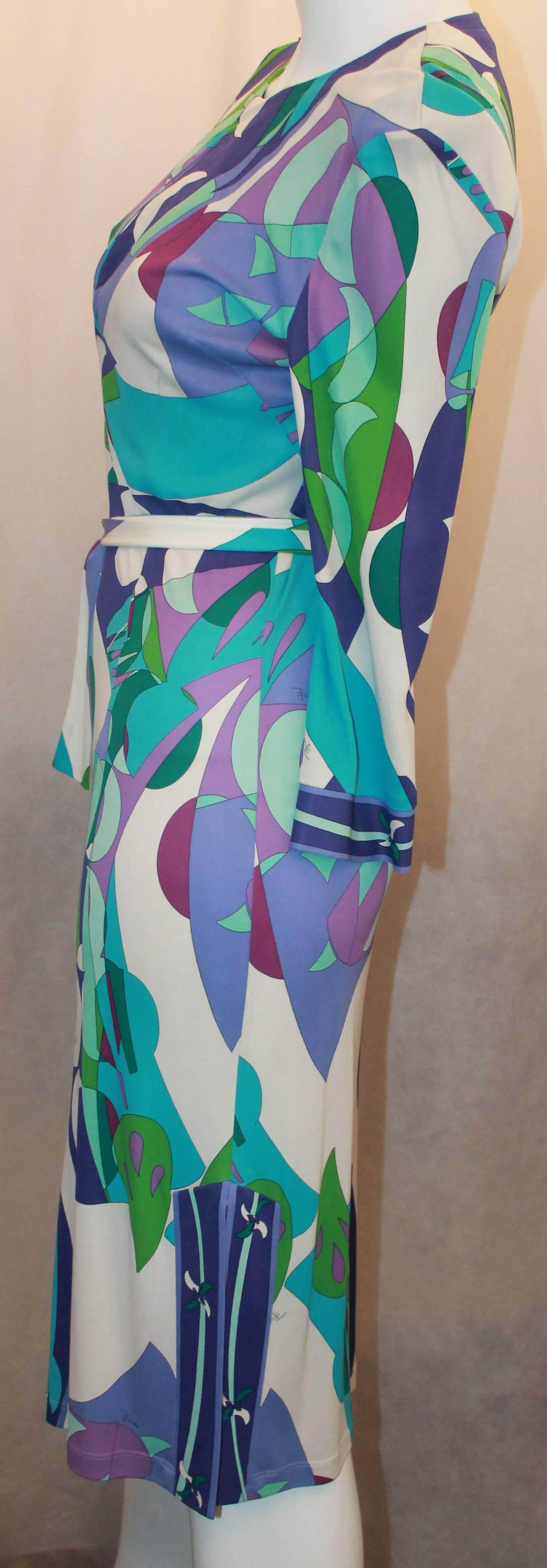 Women's Emilio Pucci Purple, Green, White, & Blue Print Silk Jersey 3/4 Sleeve Dress - 4