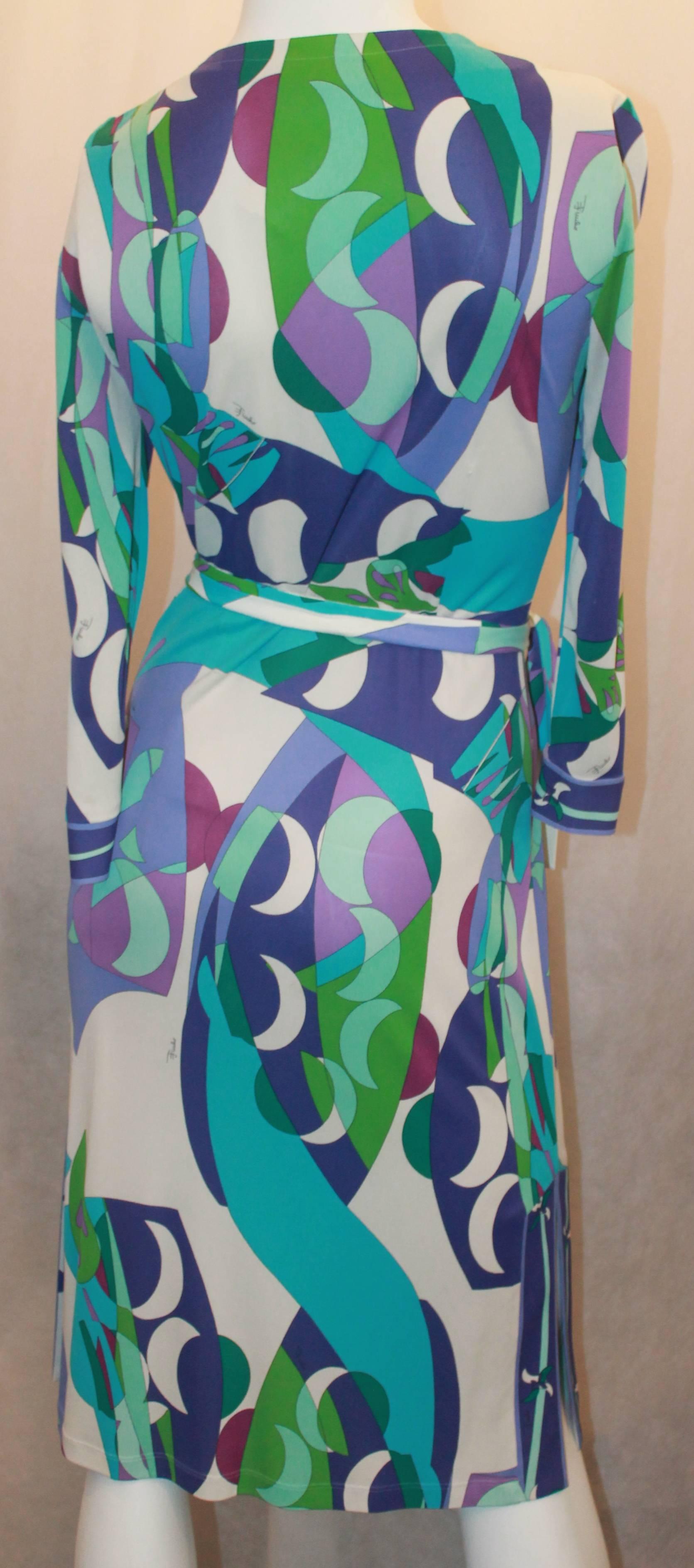 Emilio Pucci Purple, Green, White, & Blue Print Silk Jersey 3/4 Sleeve Dress - 4 1