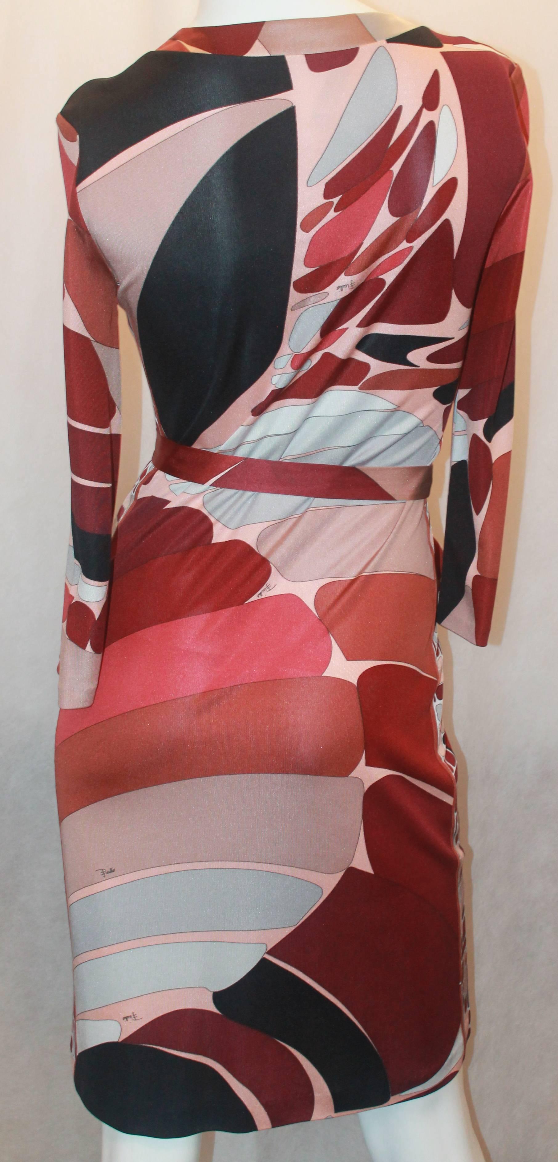 Emilio Pucci Rust and Earthtones Silk Jersey 3/4 Sleeve Dress - Small In Excellent Condition In West Palm Beach, FL