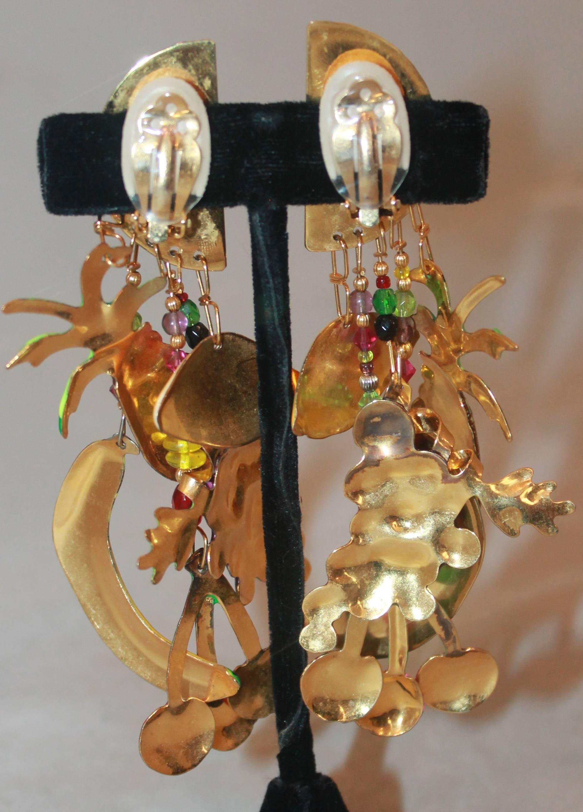 Women's Lunch at the Ritz Multi-Colored Fruit Themed Dangle Clip-On Earrings-Circa 1990s