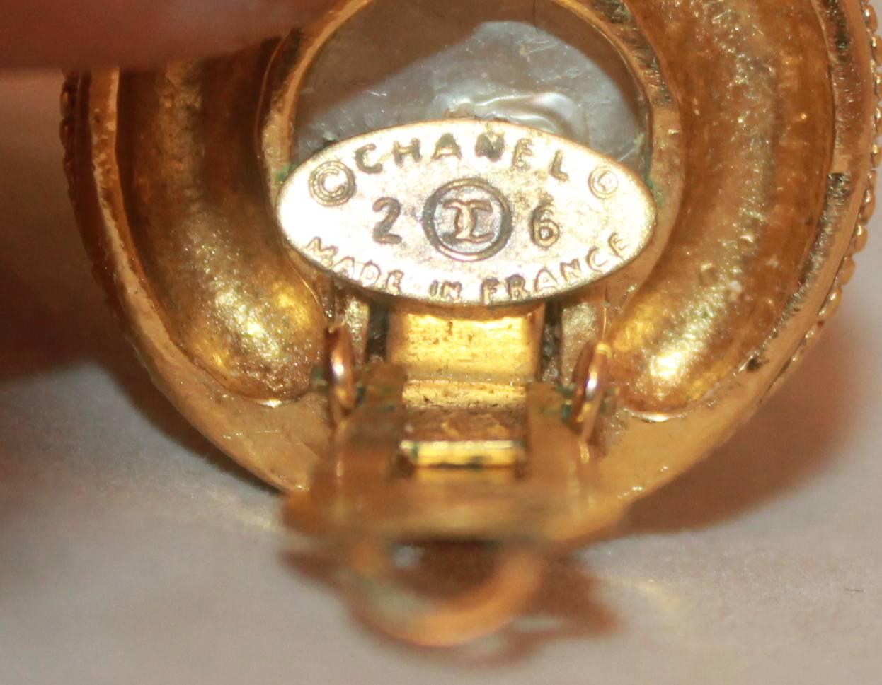 Chanel Textured Goldtone Round Clip-On Earrings w/ Pearl & 4 CC's - Circa 1989 1