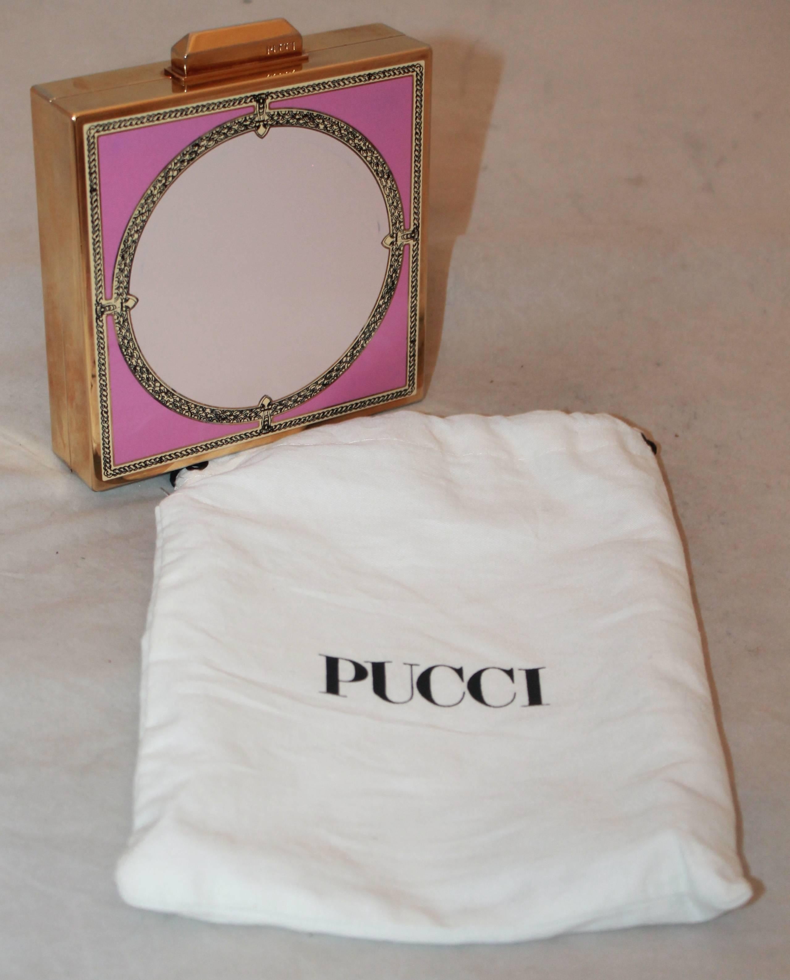 Emilio Pucci Gold Clutch with Pink Enamel Design  2