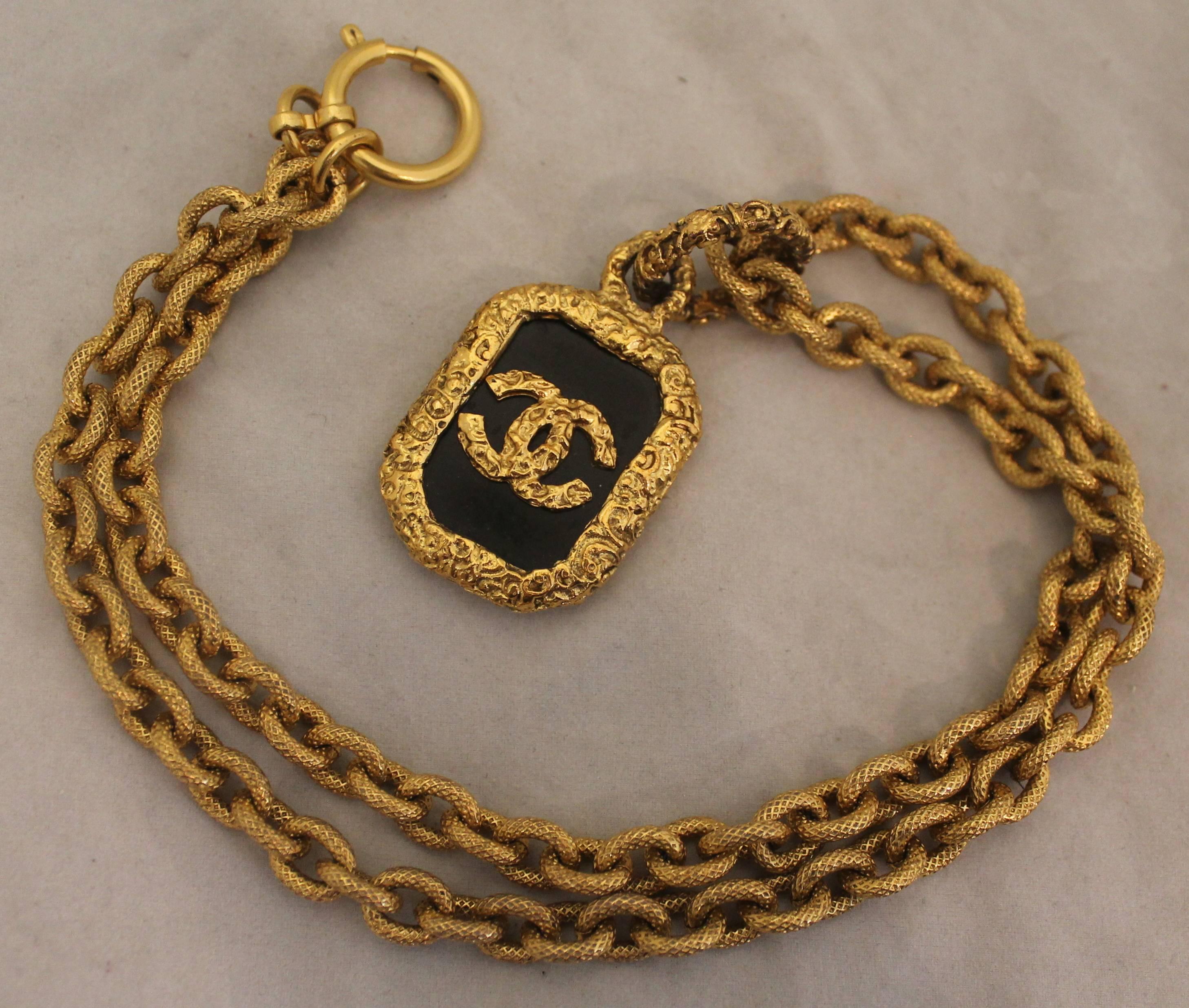 Women's Chanel Goldtone Byzantine Link Necklace with Black Glass Pendant  - Circa 96