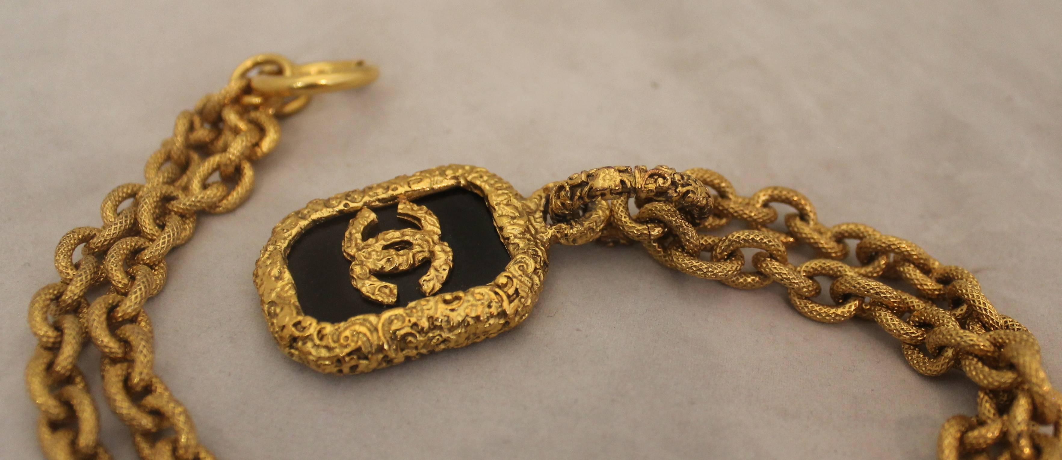 Chanel Goldtone Byzantine Link Necklace with Black Glass Pendant  - Circa 96 1