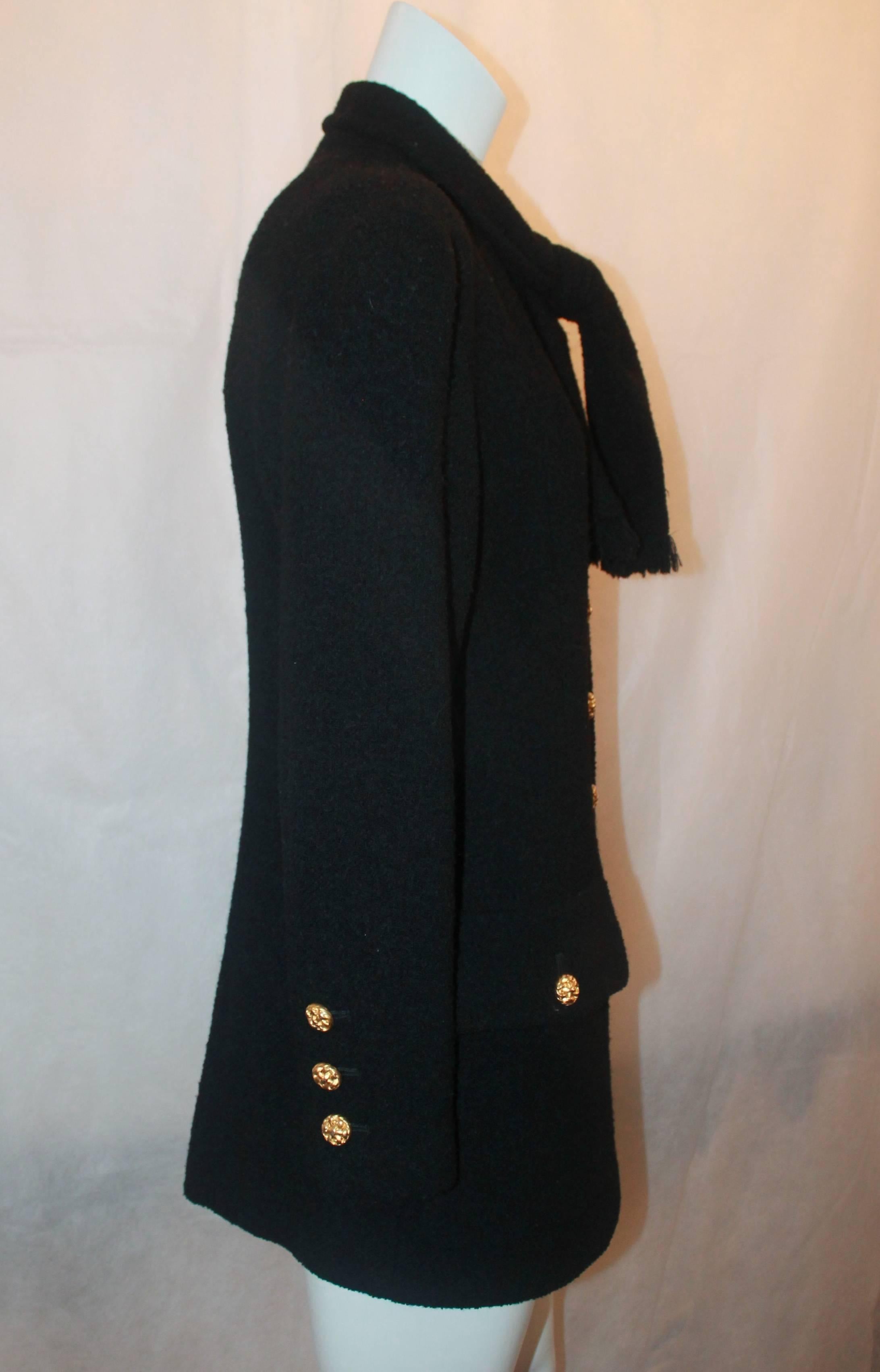 Chanel Vintage Black Wool Long Jacket with Neck Tie - 40 - circa 1980's In Excellent Condition In West Palm Beach, FL