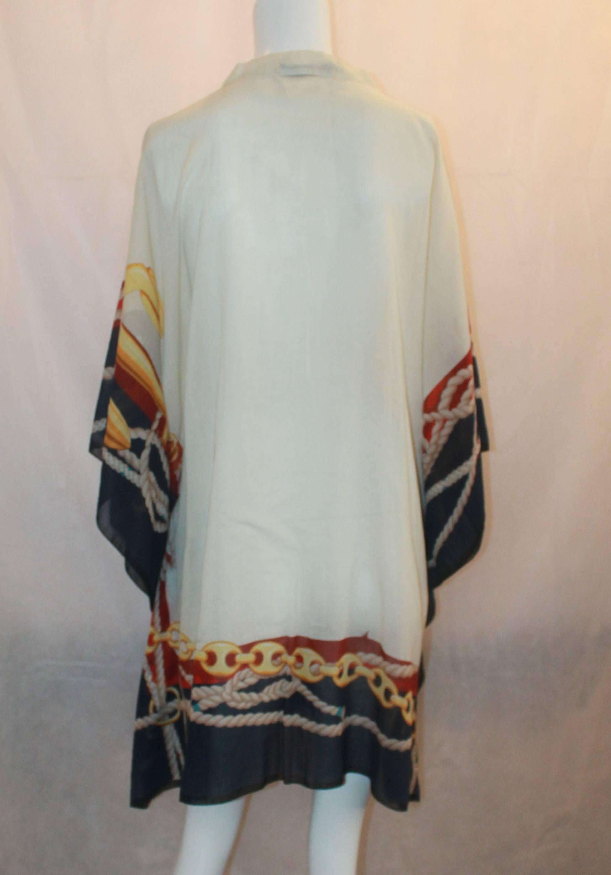 Gray Gucci Ivory Cotton Caftan with Red & Navy Trim and Chain Detail - M