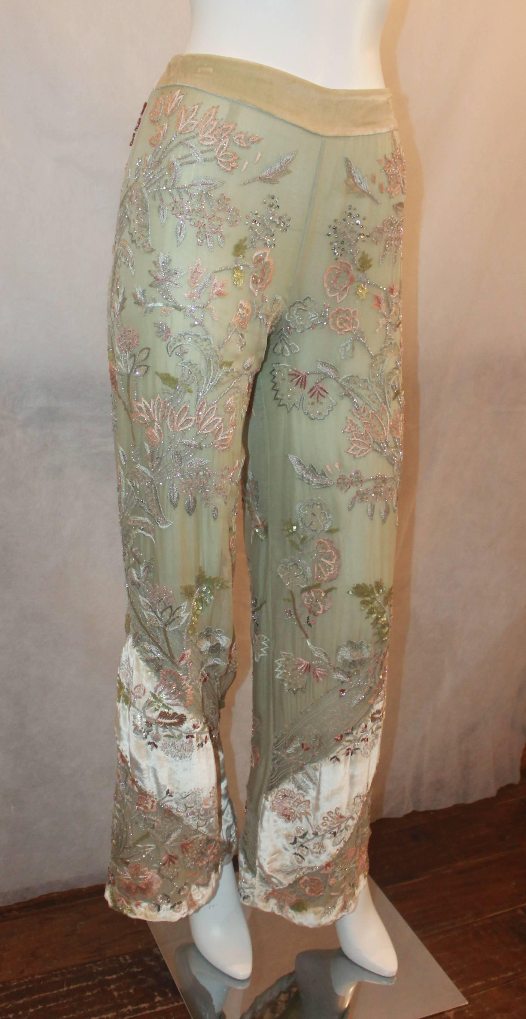 Valentino Vintage Pastel Green Velvet & Silk Beaded Palazzo Pants - 6 - 1990's. These pants are in good vintage condition with general wear and some discolorations on the waist velvet shown in image 5. These pants feature floral beading & embroidery