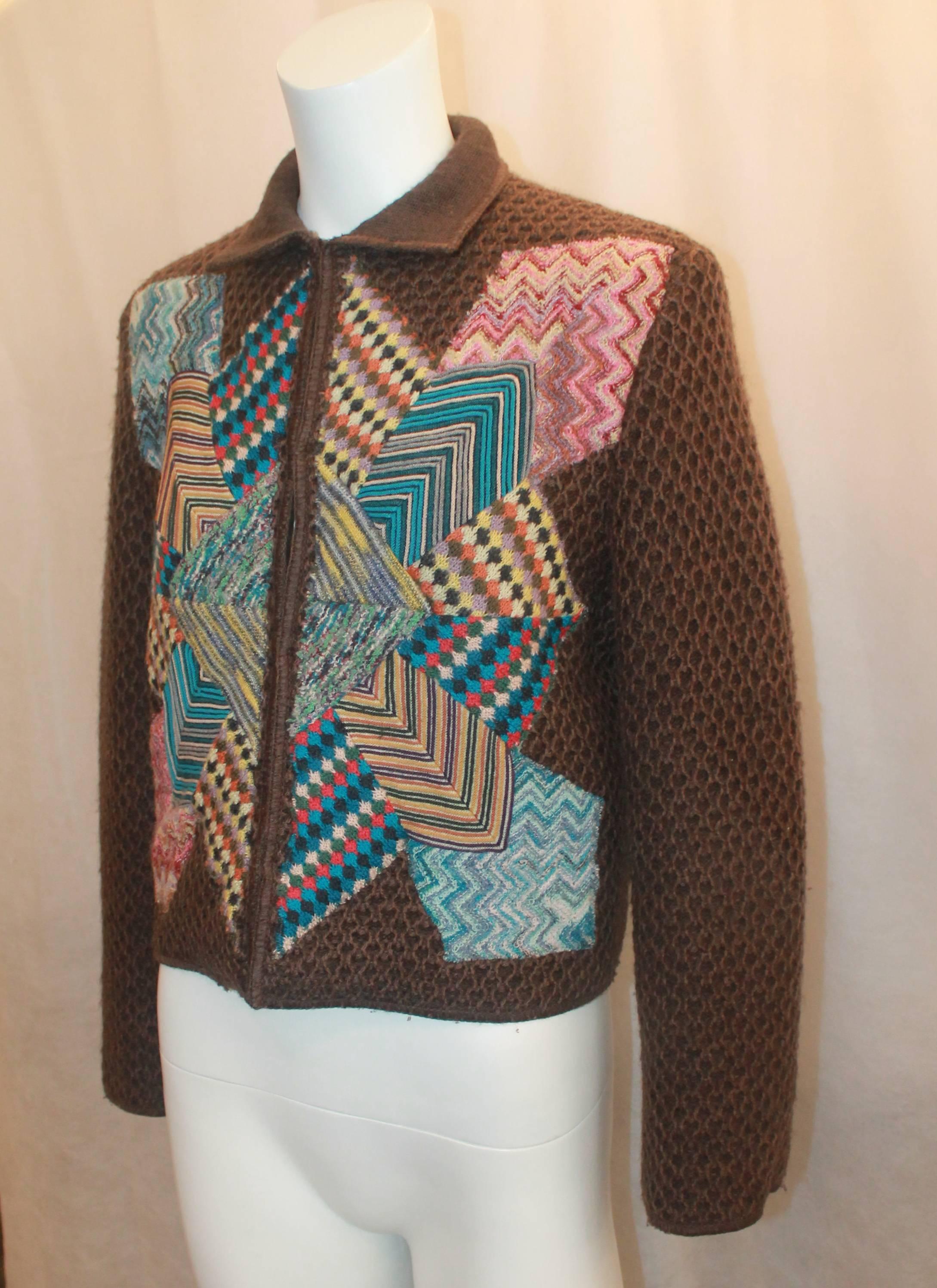 2001 Missoni Collectible Brown Wool Jacket w/ Multi-Colored Geometric Patchwork Design - 40.  This artsy jacket is in excellent condition.  It features a brown, textured wool material, a multi-colored geometric patchwork design in both the front and