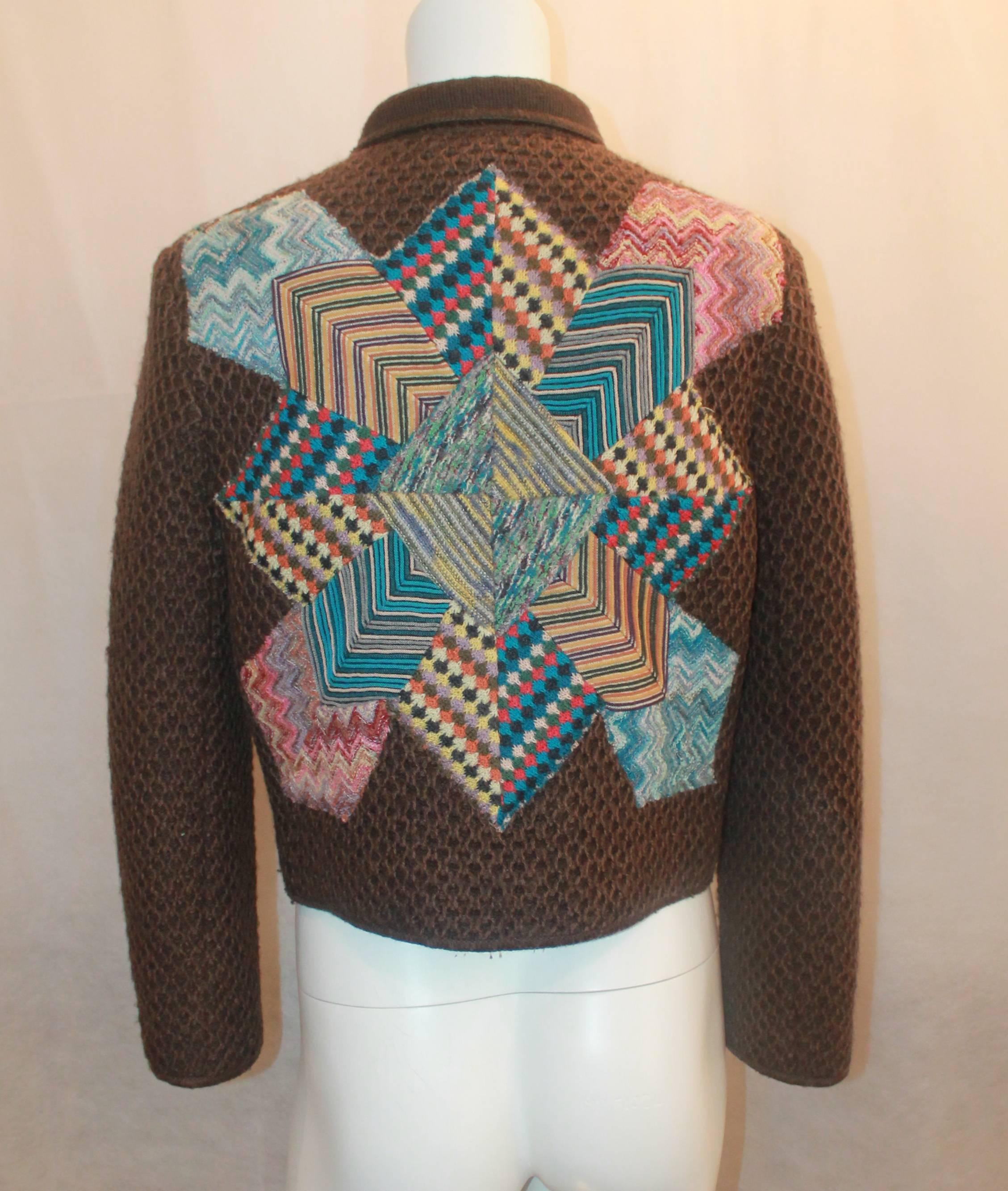 Women's Missoni Collectible Brown Wool Jacket Multi Geometric Patchwork Design - 40 
