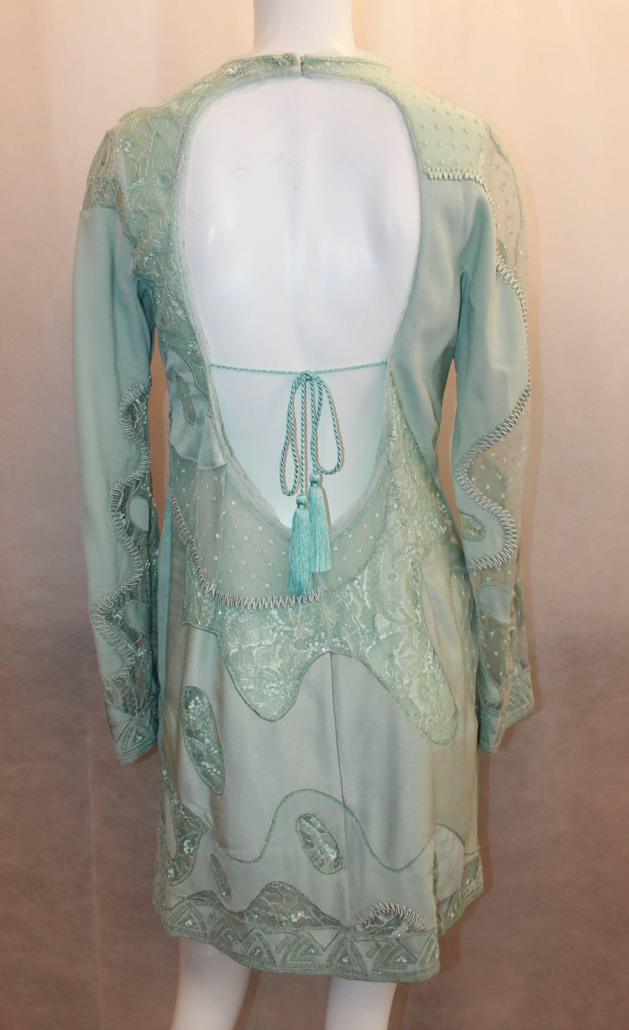 Gray Emilio Pucci Aqua Silk Chiffon Long Sleeve Dress with Sheer Cutouts - 10 For Sale
