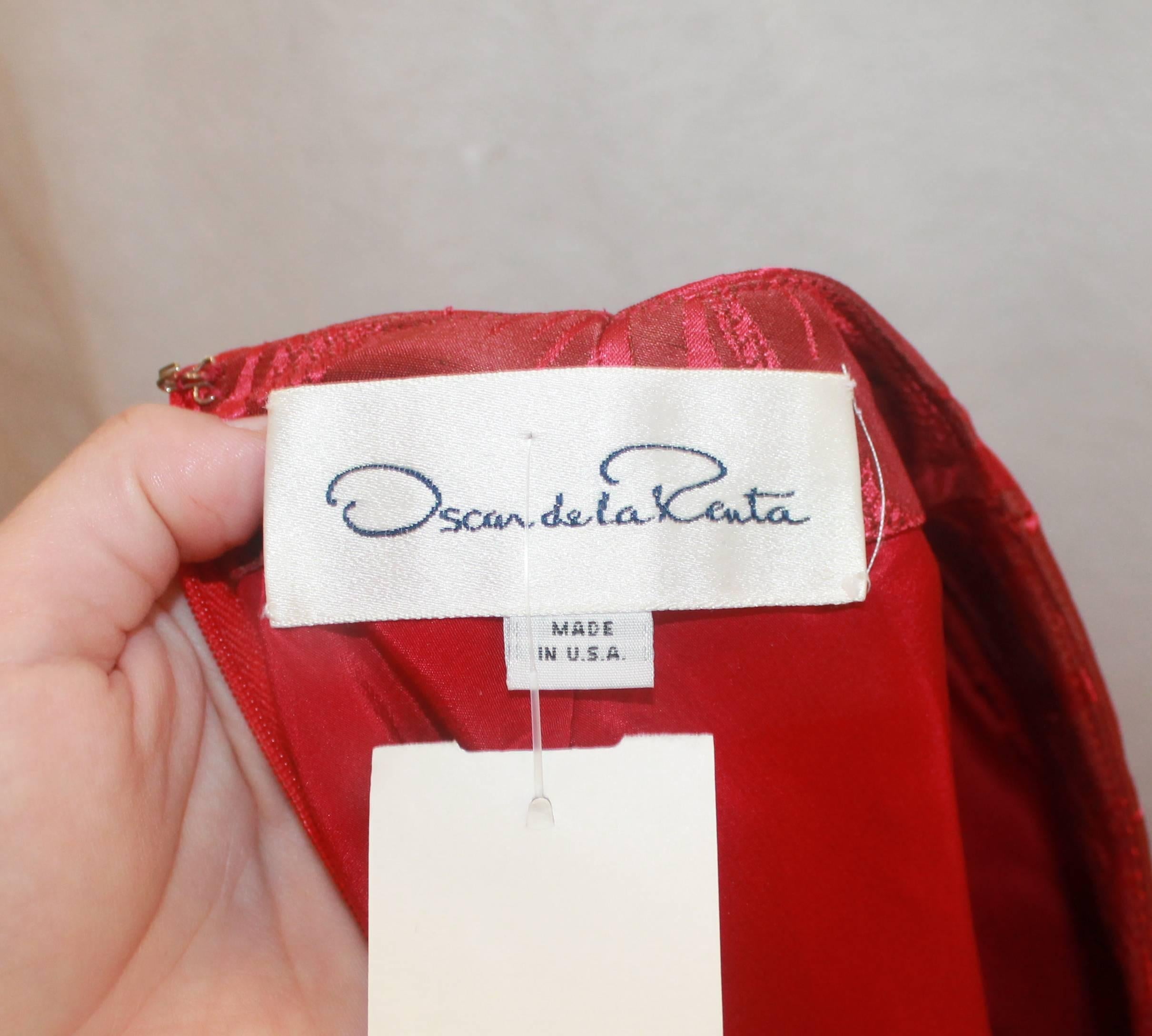 Women's Oscar de la Renta Red Brocade Short Sleeve Dress  with Rhinestone Belt 