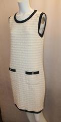 Chanel Ivory Knit Shift Dress with Navy Trim and Pockets - Size 38