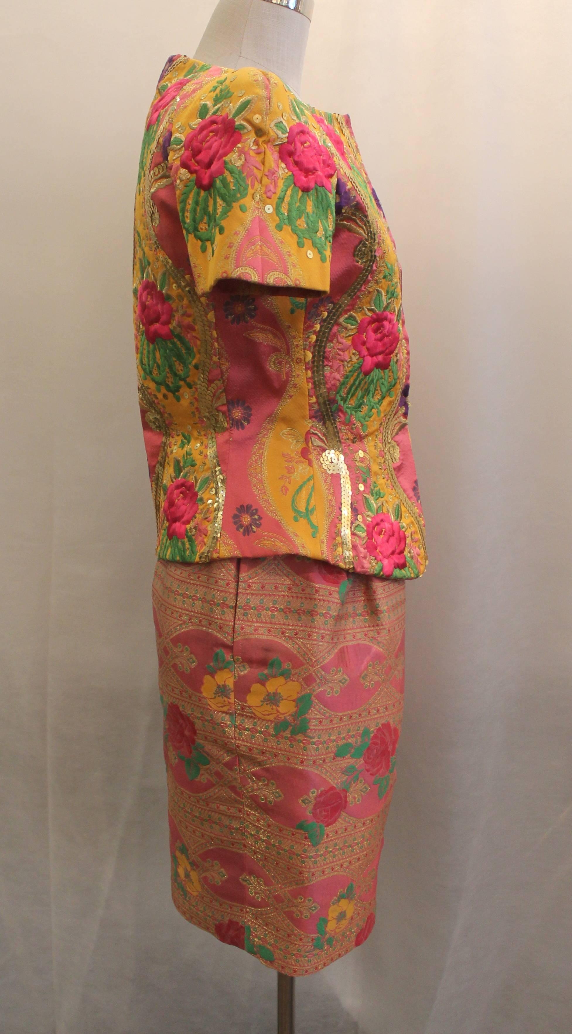 Brown Christian LaCroix Vintage Multi-Color Embroidered Floral Skirt Suit - 4 - 1990's