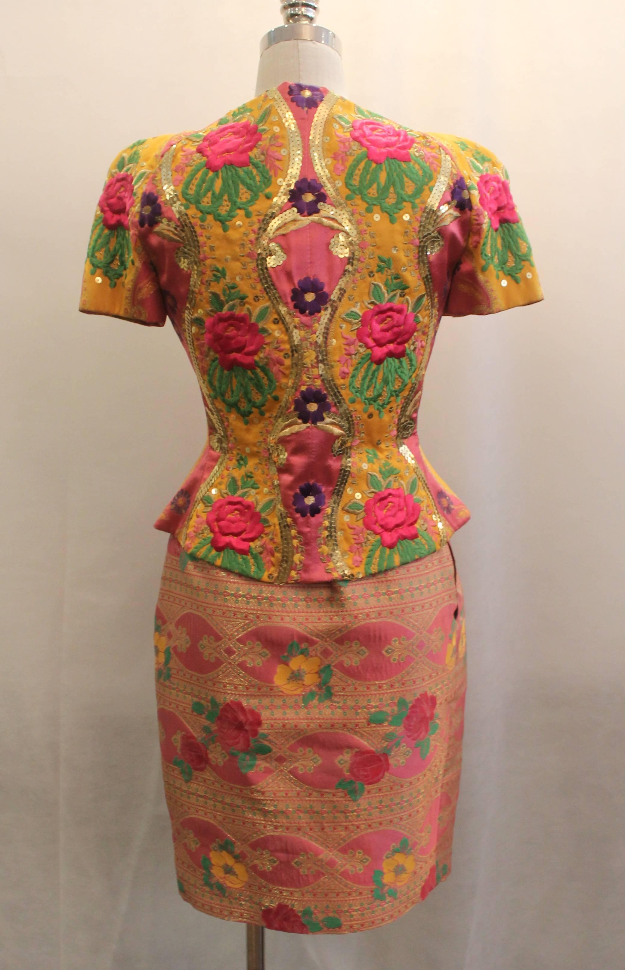 Christian LaCroix Vintage Multi-Color Embroidered Floral Skirt Suit - 4 - 1990's In Excellent Condition In West Palm Beach, FL