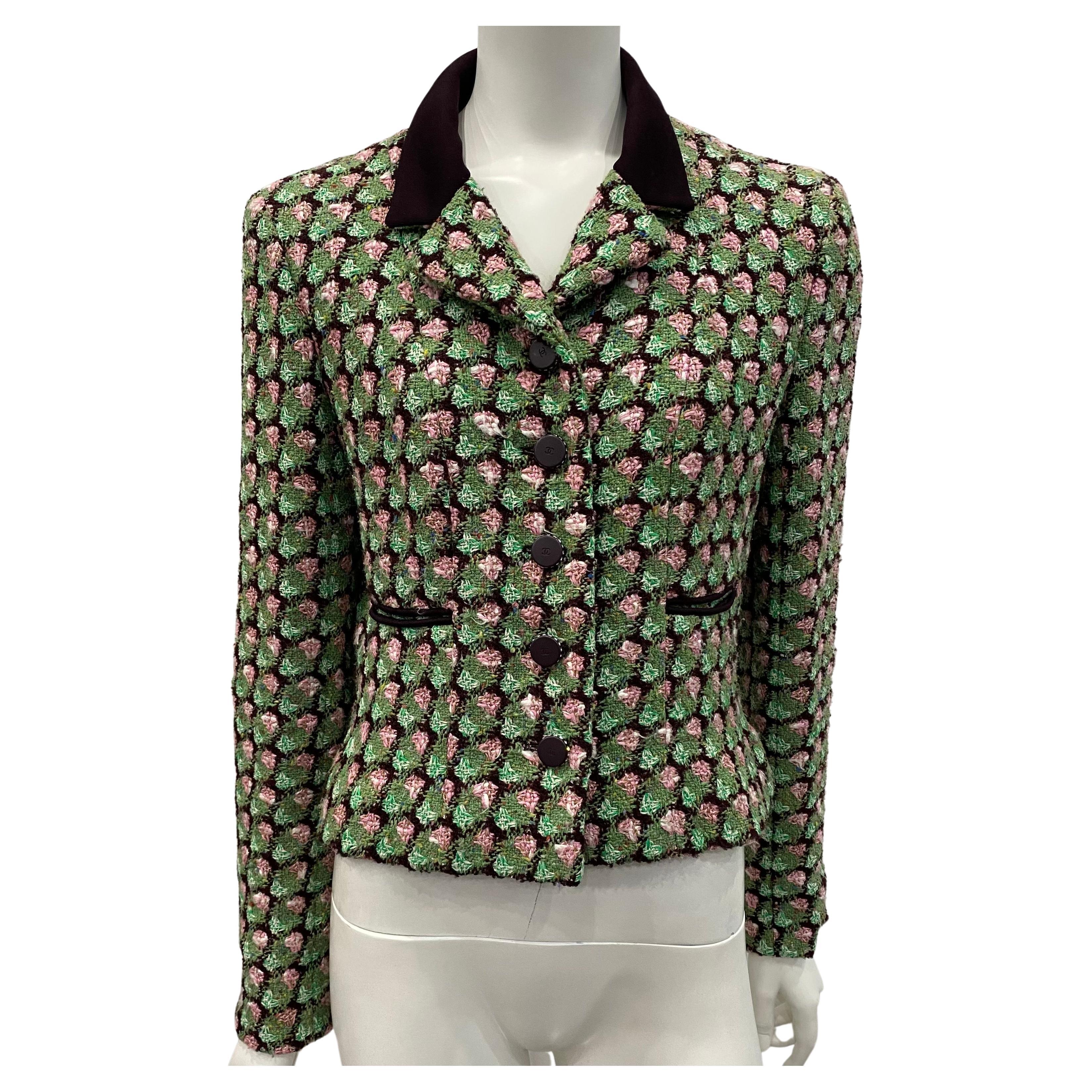 Chanel Green Pink and Brown Boucle Jacket - Sz 40