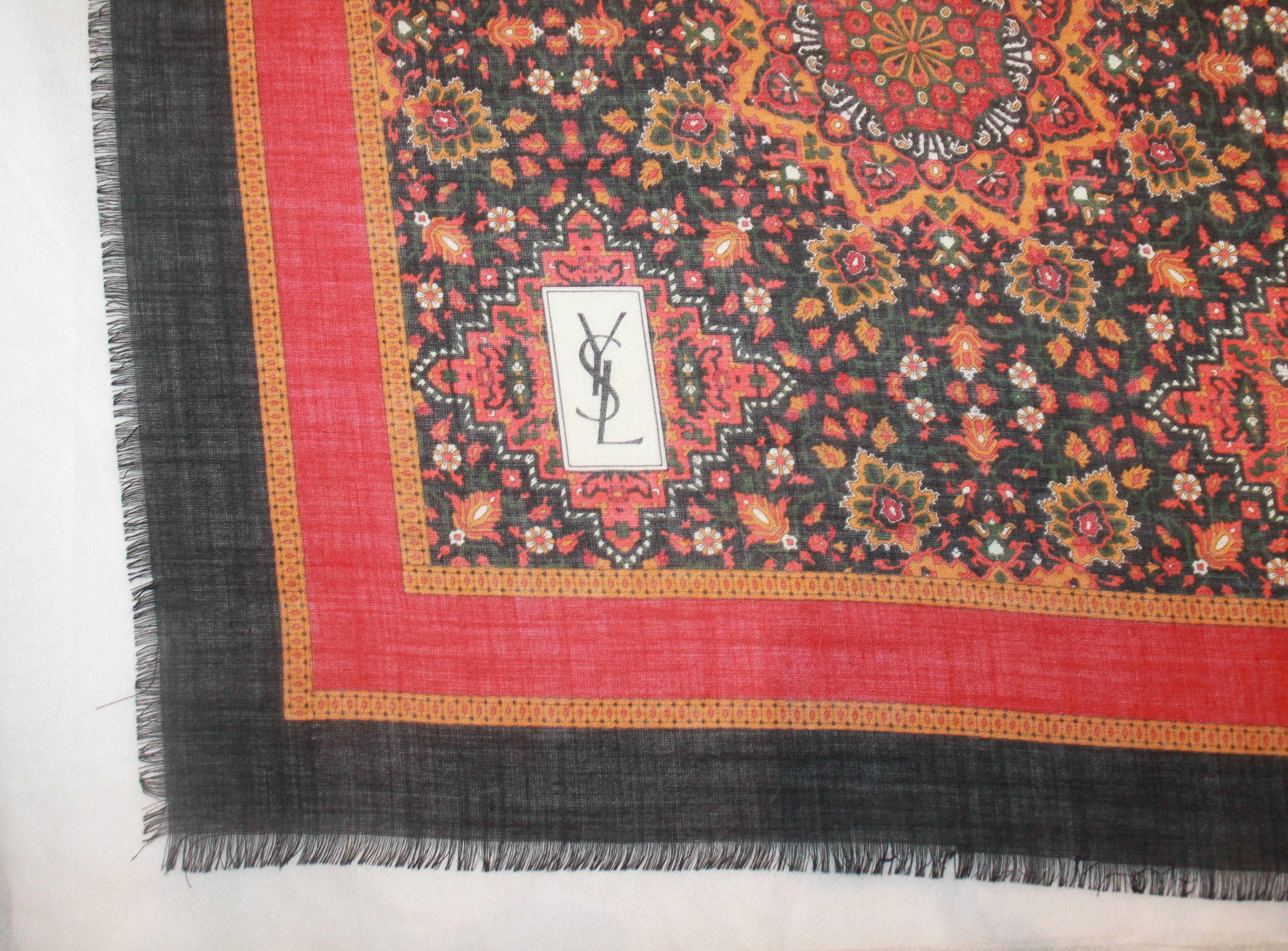 Brown YSL Black & Multi Paisley Wool & Silk Shawl - Circa 1980's